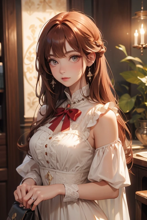 epoca victoriana, medium long auburn hair, ojos cafes medianos, medium complexion, vestido largo con holanes lila, estilo anime