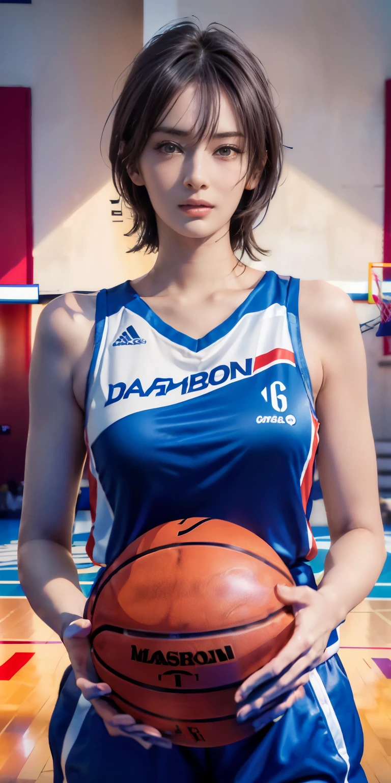 Browsing Caution、16k、Photorealistic、highest quality、masterpiece、Ultra-high resolution、RAW Photos、Realistic、Bright lighting、Face Light、Smooth Professional Lighting、looking at the camera、alone、Adult female、Beautiful woman、so beautiful、Realistic skin texture、Glowing Skin、Moisturized Skin、Realistic eye and facial details、Perfect Style、Model Body Type、Beautiful Eyes、Big eyes、Inconspicuous tear bags、slim、Medium sized big breasts、No bra、Nipples push up clothes、Camel Toe、Beautiful navel without decoration、not long nails、Very short hair、Black Hair、black eye、seems to be happy、Beautiful hip line、((basketball、Shooting operations:1.2))、((So that your whole body can be seen))、((Excellent anatomy:1.2))、(((ノースリーブのbasketballウェア)))