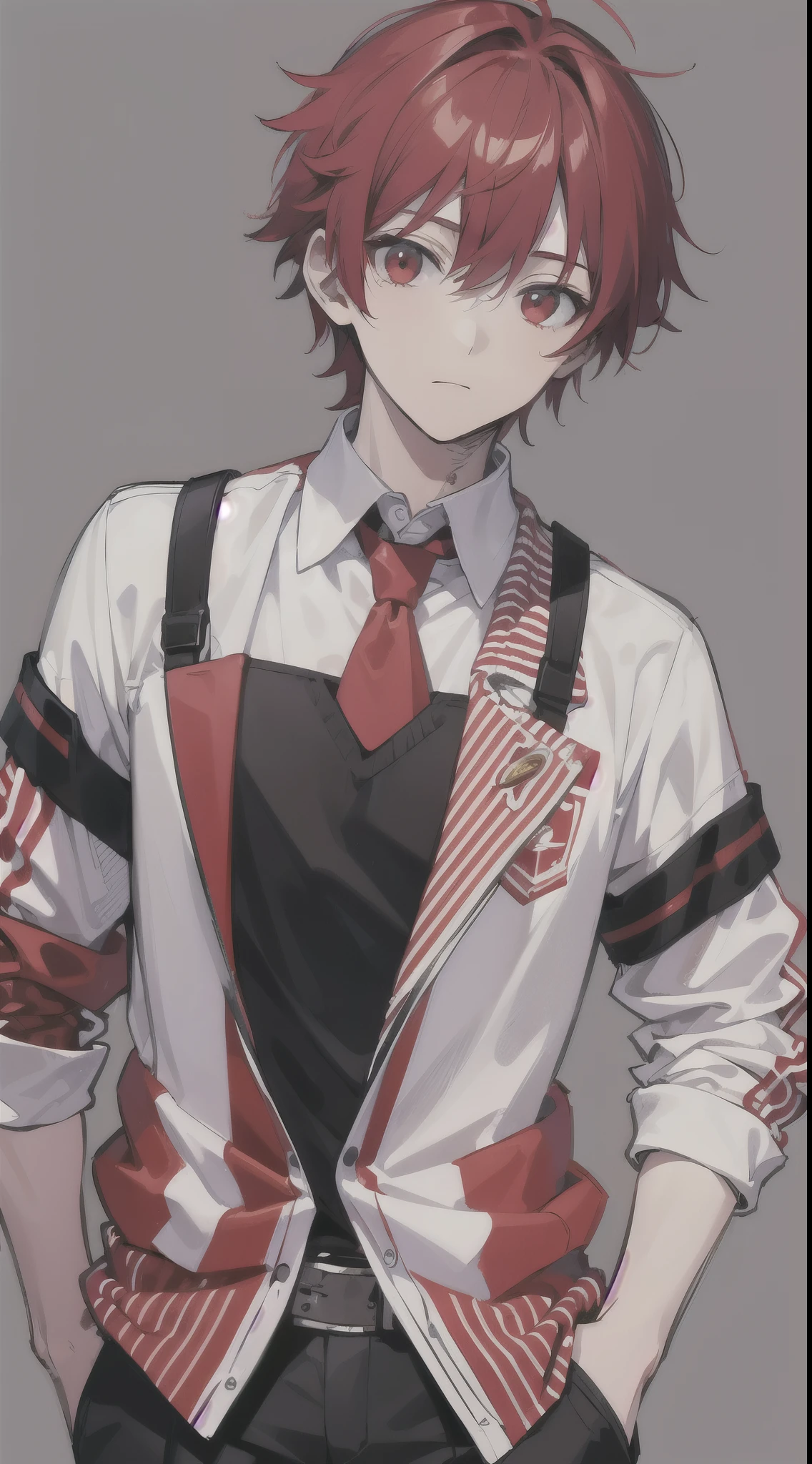 Adult male,Red hair,Wearing black school uniforms,juvenile, masterpiece, high quality,Blank Background,Red eyes