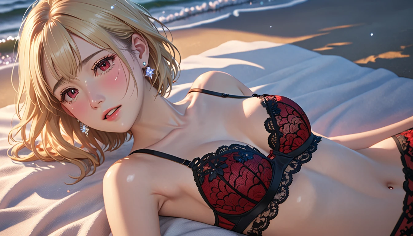 National Science Foundation,masterpiece,High resolution,8K,Art,digit,Three-dimensional,Realism,(Photographed from top down),Kyoto Animation Style,your name movie style,looking into camera,Sunset,Soft Light,Glowing skin,(1 female: 1.3),(alone: 1.4),(((blonde))),(Gorgeous,Sparkling red and black lace bra and briefs),Swarovski crystals on gorgeous lace bra,(crystal hairpin),(crystal necklace),(crystal earrings),(crystal bracelet),(Crystal ring),Long eyelashes,slender legs,Short Bob,Close-up of upper body,seaside,Lie on your side,(Starry eyes),(Opened his mouth),(blush),(shy),(shy),(((cry))),(((shed tears))),(((feel sad)))