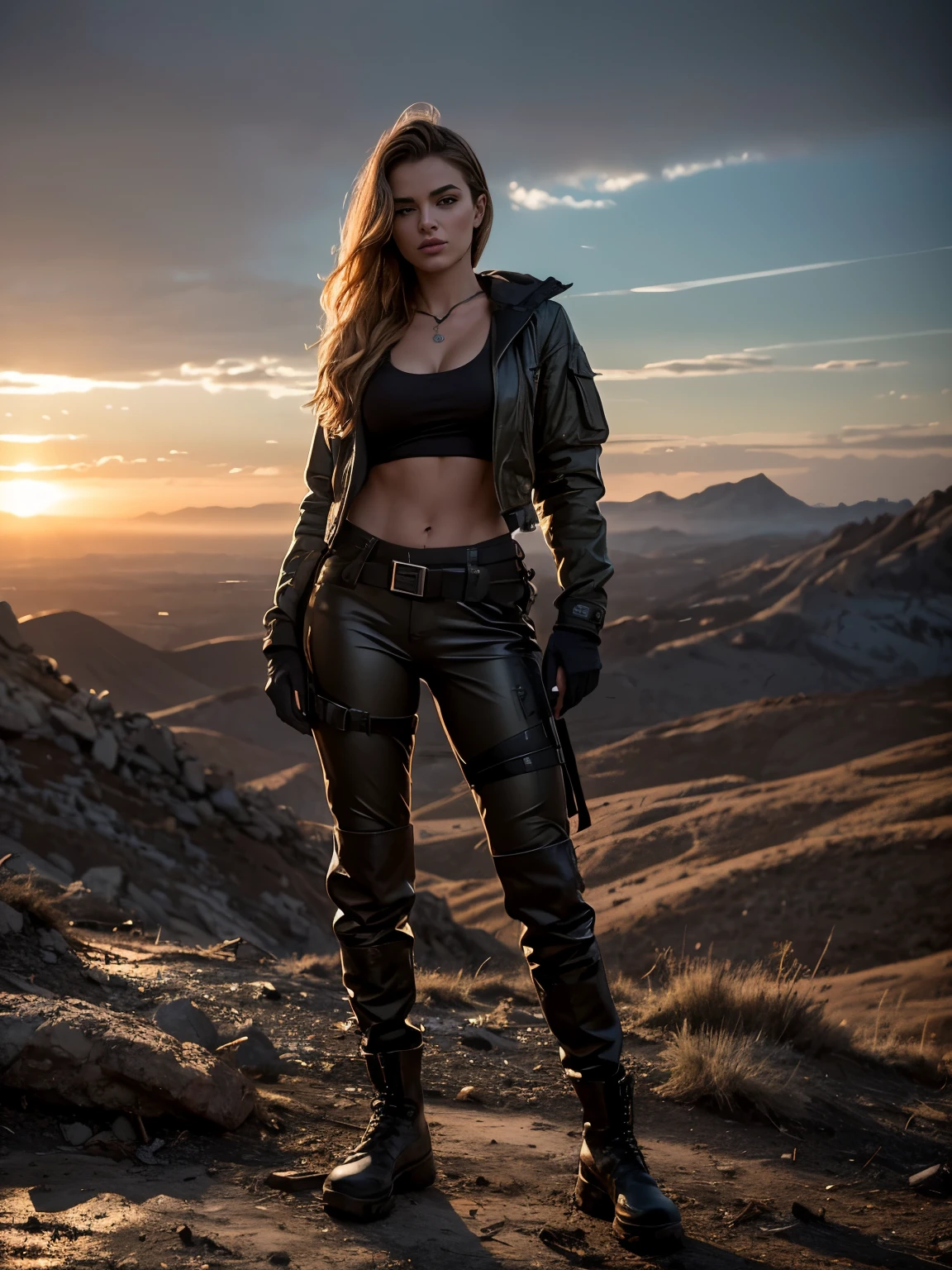 Masterpiece, an ultra hot gorgeous European woman, 23 years old, She’s a playmate and men magazine supermodel. in a post-apocalyptic wilderness (medium shot photo:1.5), military pants, military kaki teeshirt, Badass, post-apocalyptic style, RAW, Dramatic lighting, Natural light, (medium shot photo:1.3), 8K, ultra high res.photorealistic:1.4, UHD, Phase one XF IQ4, 150 MP, post apocalyptic wilderness landscape in the background, (medium shot photo:1.2), backlight.