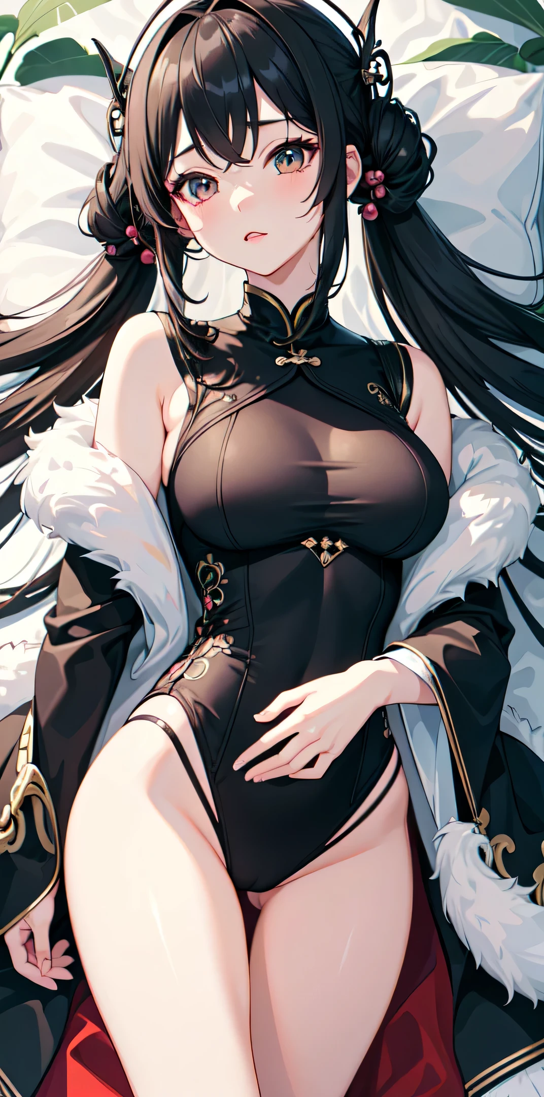 ((best quality)), (Ultra Detailed), ((Extremely detailed)), (fair), ((Kawaii girl)), ((Ultra HD)), (masterpiece), (high quality), (best quality), (4K), (high quality), 1, Solo Girl, 1 Girl, , Parted bangs, ((Hair intake)), Long hair, (Random Hairstyle), Larger breasts, slim body, Siamese cheongsam, (Very little cloth) Showing underwear shy
