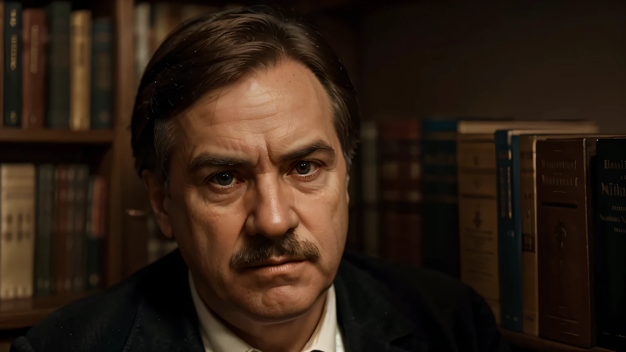 close-up, ultra-realistic, full HD, 4K, cinematic image, rich in details, of the German philosopher Friedrich Nietzsche, in the background a bookshelf, with soft lighting