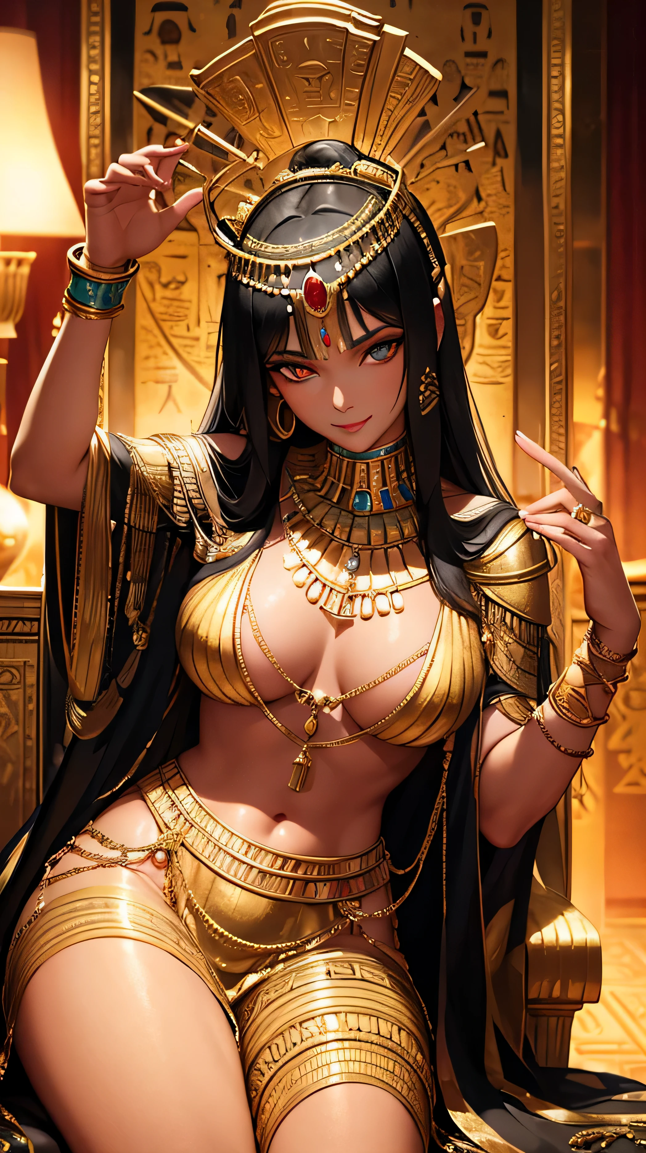 Cleopatra, the renowned Egyptian queen, is depicted in this exquisitely detailed ancient Egyptian portrait. Her eyes, adorned with intricate lines and richly colored pigments, radiate intelligence and allure. Her lips, luxuriously sculpted and delicately painted, curve into a seductive smile. With a dazzlingly beautiful face and regal appearance, Cleopatra sits gracefully on a lavish golden throne. Her flowing royal garments, adorned with majestic jewelry, shimmer and glint in the soft golden hues of the studio lighting. Surrounded by opulent Egyptian hieroglyphs and magnificent pyramids, the queen's throne is