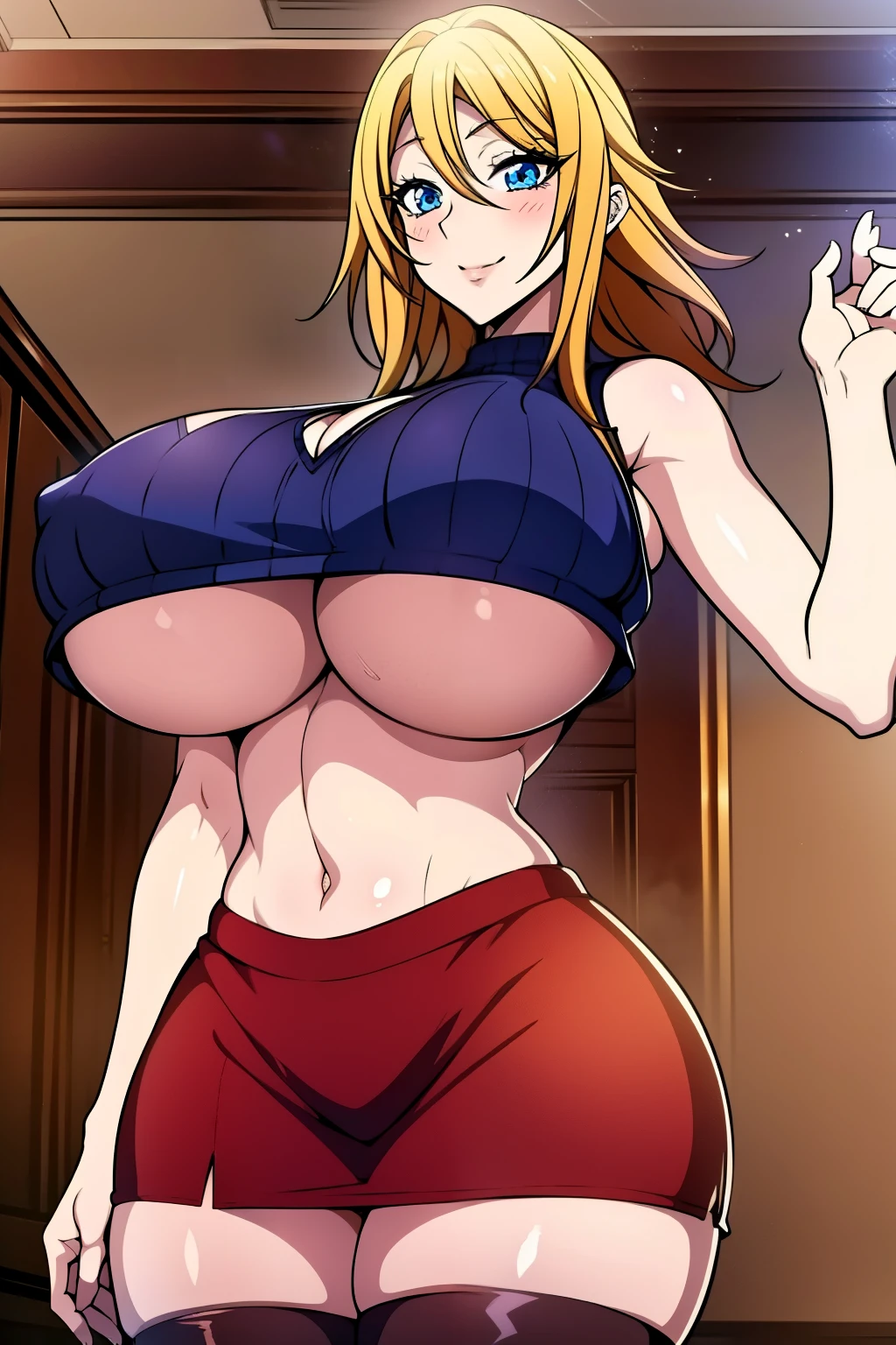 An anime-style artwork depicting Venelana Gremory from the anime High School DxD.
Tags: Venelana Gremory, anime, detailed eyes, detailed lips, ass, 1girl, (blonde hair:1.1), (blue eyes), (sweater:1.1), pencil skirt, short hair, miniskirt,curvy, thighs, higheels, shiny clothes, skin tight, cleavage, solo, huge breasts, smiling expression, intense gaze, dynamic pose, indoor, palace, vibrant colors, digital art, high-resolution, professional quality, gigantic breasts, (underboob : 1.4), curvy, cowboy shot, (gigantic breasts: 1.4),