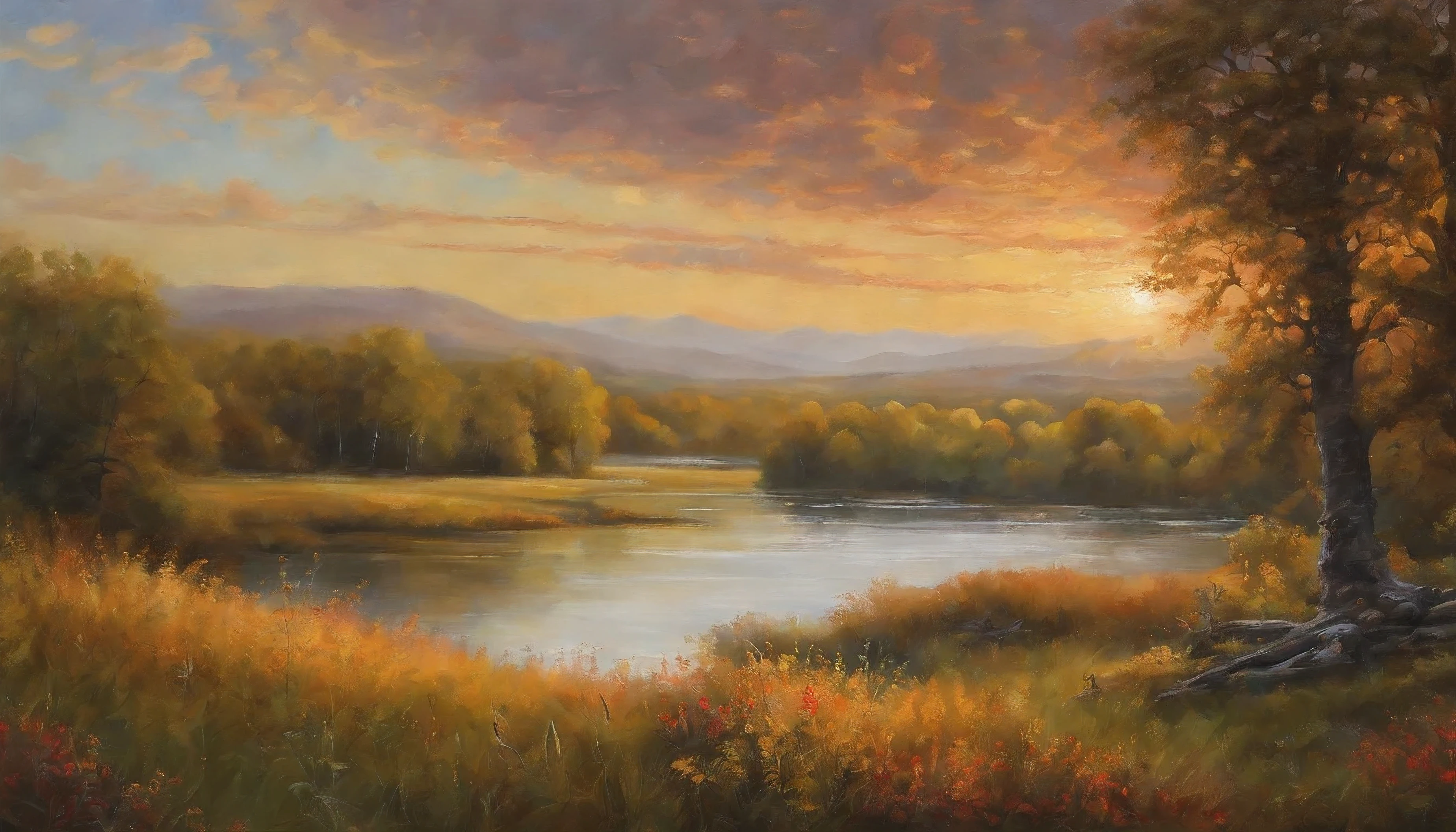 A stunning, ultra-detailed oil painting captures a breathtaking sunrise's essence in a serene natural landscape. The sky is a blend of warm, vibrant hues of orange and pink, with a golden sun peeking through the clouds. The foreground features a lush meadow, dotted with wildflowers and tall trees, leading to a calm lake reflecting the sky's colors. A winding path is seen in the distance, inviting the viewer to explore the untouched beauty of nature. The overall ambiance of the painting is peaceful and awe-inspiring, with a touch of abstract and impressionistic elements, a poster.