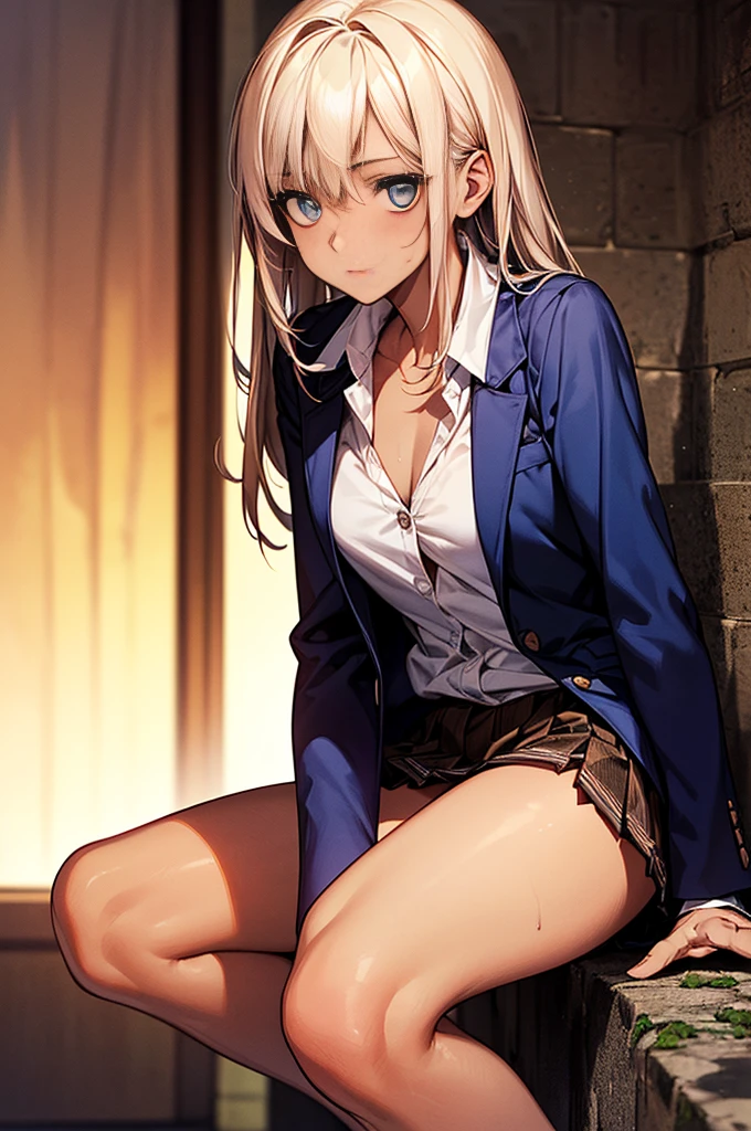 (((night,真night中))),((Dark atmosphere)),((Perfect Anatomy:1.2,Realistic:1.3,Raw photo:1.3,masterpiece、highest quality、Ultra - High resolution、High resolution、Extremely detailed CG、8k)),((attractive way to sit)),((((Crouching pose)))),1 female,alone,18-year-old、High school girl beautiful girl,Japanese,((Beautiful and exquisite face and eyes:1.2,Big beautiful eyes:1.0,)),(Brighten your eyes),((Beautiful woman))、((Blonde)),Long Hair,(Center parted hair:1.4,amount),Medium chest,((slim body)),Small Head:1.3,skinny,(Brown Skin:1.8),(Oily skin,Glowing Skin,Shiny skin,Sweat:1.2),(((school uniform、Dark blue blazer jacket、((White Shirt))、Checkered pleated mini skirt))),(loafers),(prostitution),((show off bra:1.2)),Dirty back alley、Tokyo、((Turn your body forward)),(lonely),((Feeling melancholy))、Stick out your crotch、(Apathy),(Lucky)、((Expressionless))、(Feel the shadows)、I pretend to be calm, but I'm actually anxious、(((Wearing dark underwear:1.6)))