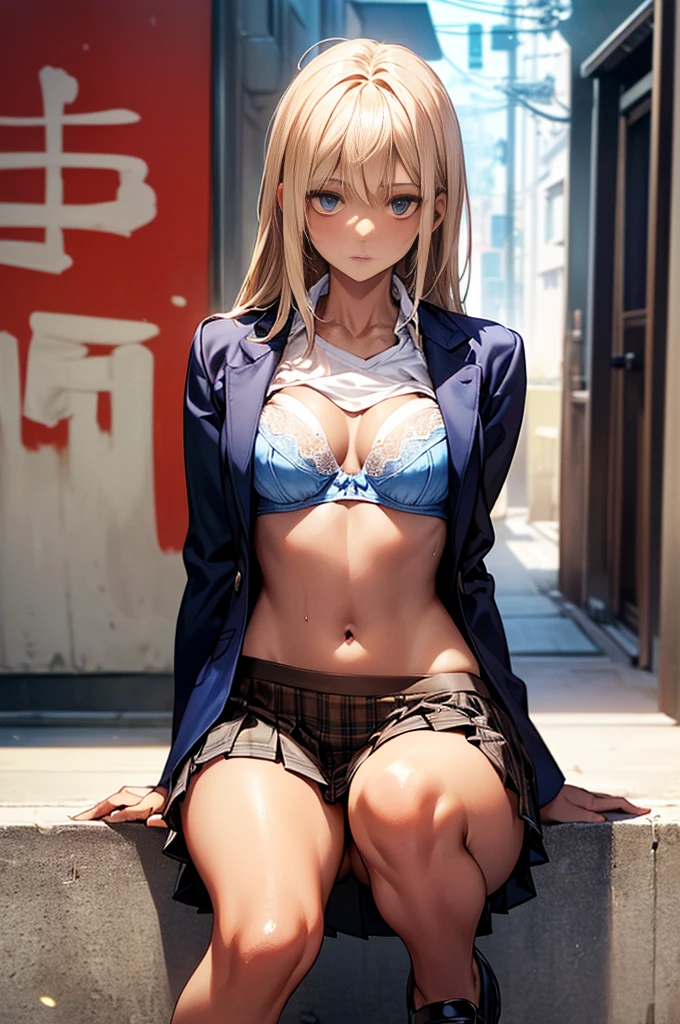 (((night,真night中))),((Dark atmosphere)),((Perfect ???????:1.2,Realistic:1.3,Raw photo:1.3,masterpiece、highest quality、Ultra - High resolution、High resolution、Extremely detailed CG、8k)),((attractive way to sit)),((((Crouching pose)))),1 female,alone,18-year-old、High school girl beautiful girl,Japanese,((Beautiful and exquisite face and eyes:1.2,Big beautiful eyes:1.0,)),(Brighten your eyes),((Beautiful woman))、Blonde,Long Hair,(Center parted hair:1.4,amount),Medium ?????,((slim body)),Small Head:1.3,skinny,(Brown Skin:1.8),(Oily skin,Glowing Skin,Shiny skin,Sweat:1.2),(((school uniform、Dark blue blazer jacket、((White Shirt))、Checkered pleated mini skirt))),(????????????),((show off bra:1.2)),Dirty back alley、Tokyo、((Turn your body forward)),(lonely),((Feeling melancholy))、Stick out your ??????、(Apathy)，(Lucky)、((Expressionless))、(Feel the shadows)、I pretend to be calm, but I'm actually anxious
