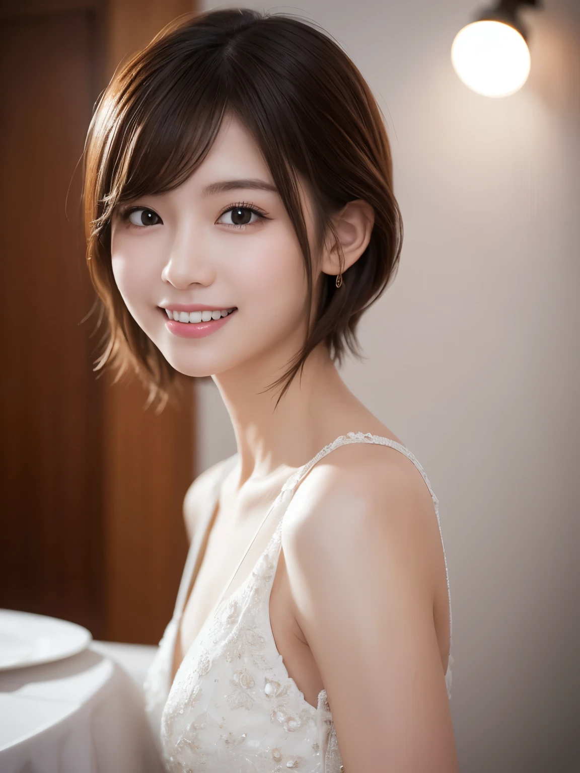 One Girl, (Dress in trendy fashion:1.2), (RAW Photos, highest quality), (Realistic, Photorealistic:1.4), Tabletop, Very delicate and beautiful, Very detailed, 2k wallpaper, wonderful, In detail, Very detailedな CG Unity 8K 壁紙, Very detailedな, High resolution, Soft Light, Beautiful detailed girl, looking at the camera、Very detailedな目と顔, Beautifully detailed nose, Beautiful fine details, short hair, small, White background、Background is white、Cinema Lighting, Perfect Anatomy, Slender body, smile,