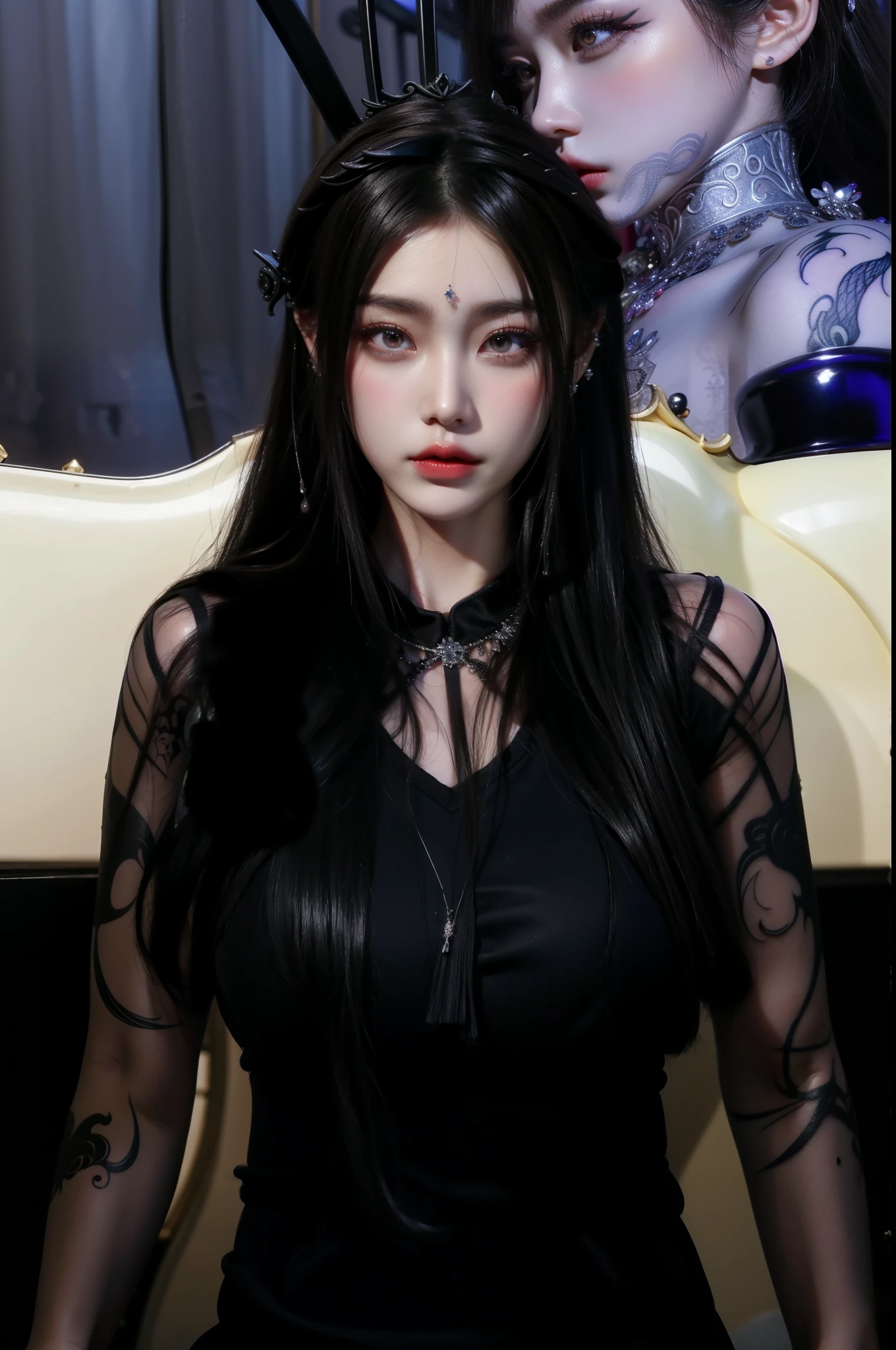 Chinese Mythology,Chang'e fairy,Royal princess,Exquisite eyes,Snow Queen,Put the crown on your head,Detailed facial expressions body,tall and big,Glamorous characters,Leg length,4K,HD,Sensual,White translucent lace,白皙Full figure,Little cherry mouth,Beautiful and lovely,Full figure,Glossy Gel Coat,Wearing a luxurious dress,Gothic Vampire Queen,Wear lip studs,There are tattoos on the face,Arms straight,Thick eye shadow(Black tattoo)