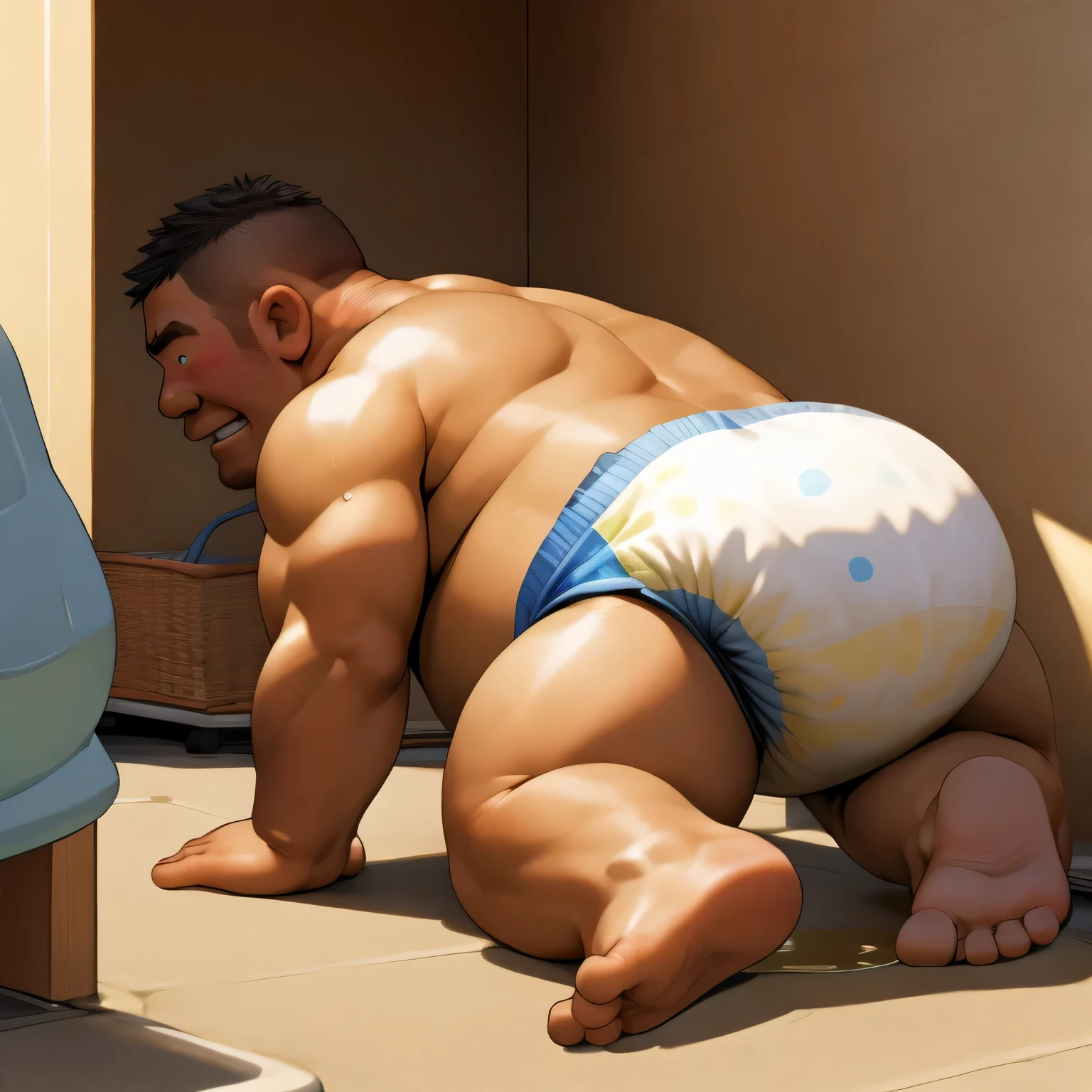 masterpiece, Top quality, in 32K, perfect anatomy, hyper detailed, super fine illustration, The thick man is a brutal prisoner, retarded, hairy human, 50yo in Japan, (fatness: 1.0), Fatty muscle, Bowleg, disappointment, incontinent, be diaper check by children, waddle, There is a small puddle under him, incontinent, Naked, short legs, Bowleg, spread legs, wear a White cloth Diaper, Bare belly, Bare legs, Bare foots, Bare soles, Shirtless, wide forehead and short thinning hair, Man with round face with stubble, Bare foots, Bare soles, shy, sissy, Weaker than children, Drool, Round face, steams, Solo, He enters nursery school and is despised by children, He surrounded by children, His bottom is wet, Bare foots, big butt, he is scolded by the children, White Diaper, He surrounded by children, sobbing, wear a White cloth Diaper, shirtless, There is a small puddle under him, He enters nursery school and is despised by children, big butt, sobbing, He crawling to go to children, on all fours, side view