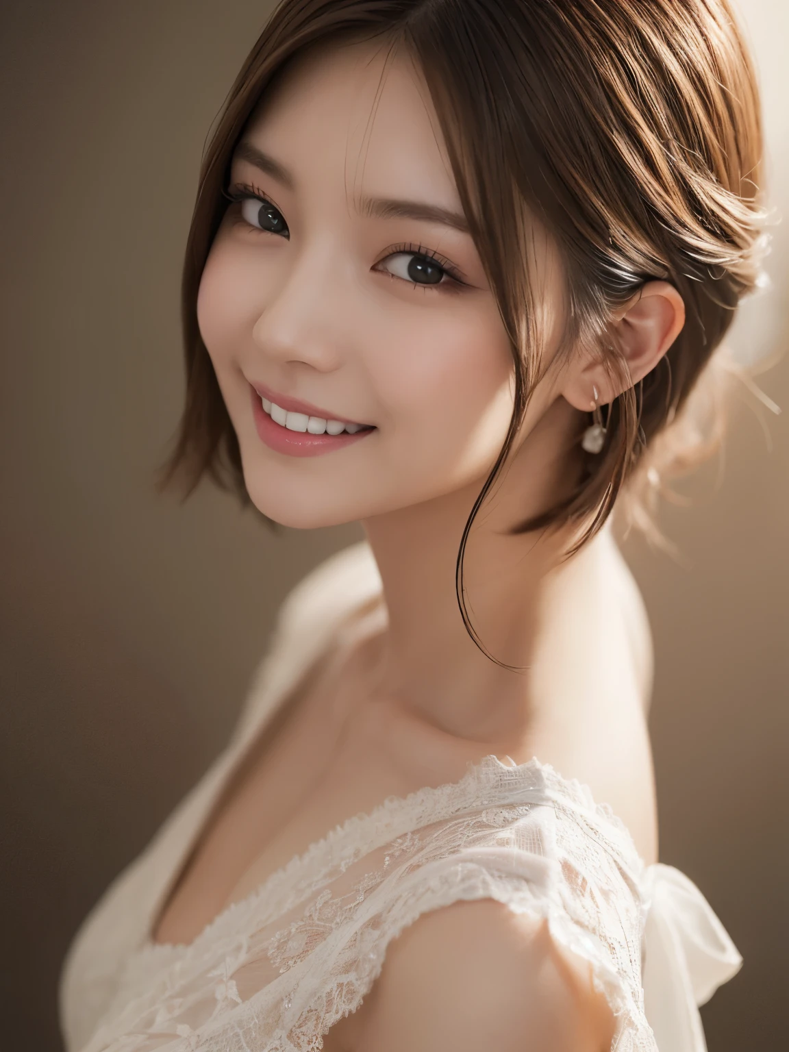 One Girl, (Dress in trendy fashion:1.2), (RAW Photos, highest quality), (Realistic, Photorealistic:1.4), Tabletop, Very delicate and beautiful, Very detailed, 2k wallpaper, wonderful, In detail, Very detailedな CG Unity 8K 壁紙, Very detailedな, High resolution, Soft Light, Beautiful detailed girl, looking at the camera、Very detailedな目と顔, Beautifully detailed nose, Beautiful fine details, short hair, small, White background、Background is white、Cinema Lighting, Perfect Anatomy, Slender body, smile, 