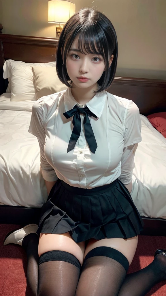 muste piece, best quality, illustration, Super detailed, fine details, High resolution, 8K,wall paper, perfect dynamic composition,(Details High quality, realistic depiction of eyes:1.3), (collared shirt:1.1), pleated skirt, knee high socks, Lying down, large breasts, short bob hair, black hair color, Big Natural Color Lip, bold sexy pose, (perfect body shape), crying a little、cold gaze, Harajuku style、20 year old girl、cute type、lolita、beautiful legs, hotel room, hposing Gravure Idol, Voluptuous thighs,(woman on top, straddling, sitting)