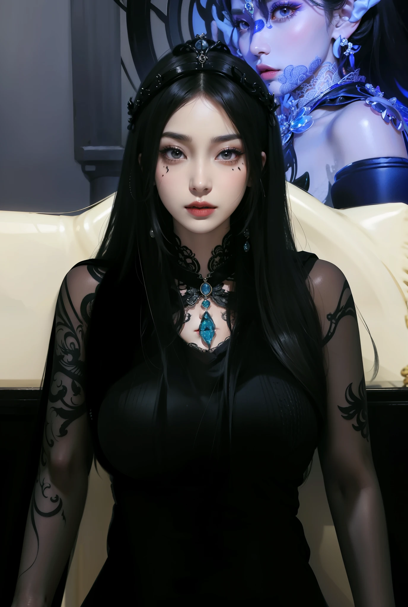 Chinese Mythology,Chang'e fairy,Royal princess,Exquisite eyes,Snow Queen,Put the crown on your head,Detailed facial expressions body,tall and big,Glamorous characters,Leg length,4K,HD,Sensual,White translucent lace,白皙Full figure,Little cherry mouth,Beautiful and lovely,Full figure,Glossy Gel Coat,Wearing a luxurious dress,Gothic Vampire Queen,Wear lip studs,There are tattoos on the face,Arms straight,Thick eye shadow(Black tattoo)