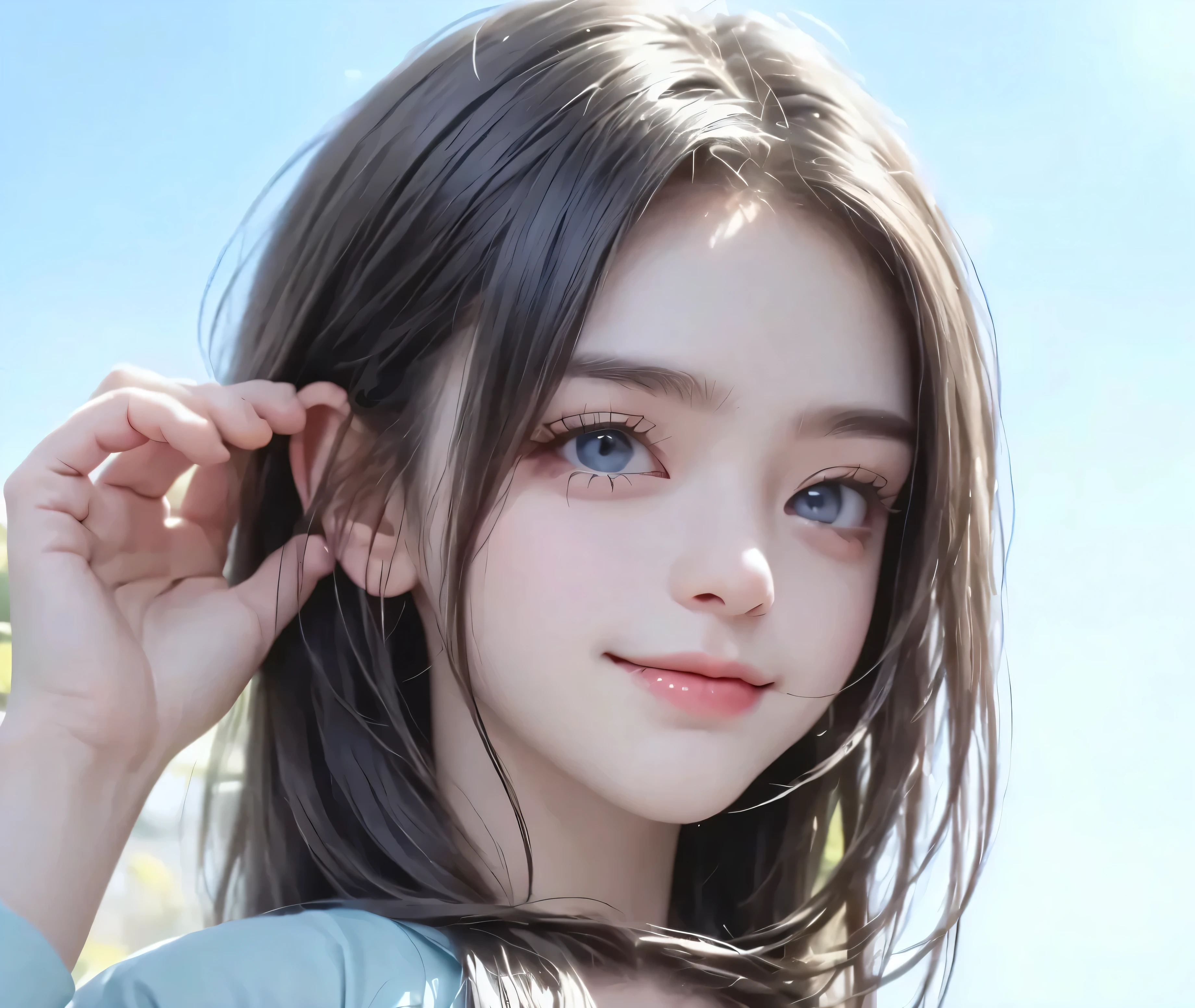 RAW photo、Please keep looking at me、Bright screen、light brown medium bob hair、8K、outdoor、blue sky、Upper body、Photographed alone、40 years old、smile