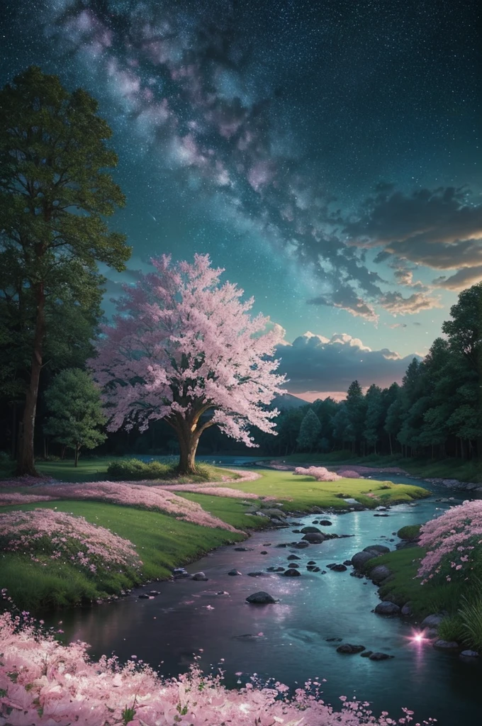 (magical pretty night Sky green stream overlay scene), (Sky), (cloud), soft light, Clean background, Beautiful scenery, masterpiece, high quality, Beautiful graphics, High Detail, Epic Landscapes, garden, Flowers, cloud, (night starry Sky, There is a river behind, Behind is a huge old tree, Shiny pink petals are falling behind)