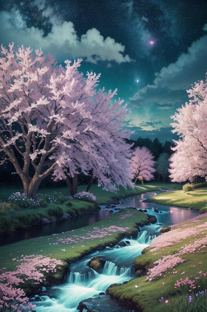 (magical pretty night Sky green stream overlay scene), (Sky), (cloud), soft light, Clean background, Beautiful scenery, masterpiece, high quality, Beautiful graphics, High Detail, Epic Landscapes, garden, Flowers, cloud, (night starry Sky, There is a river behind, Behind is a huge old tree, Shiny pink petals are falling behind)