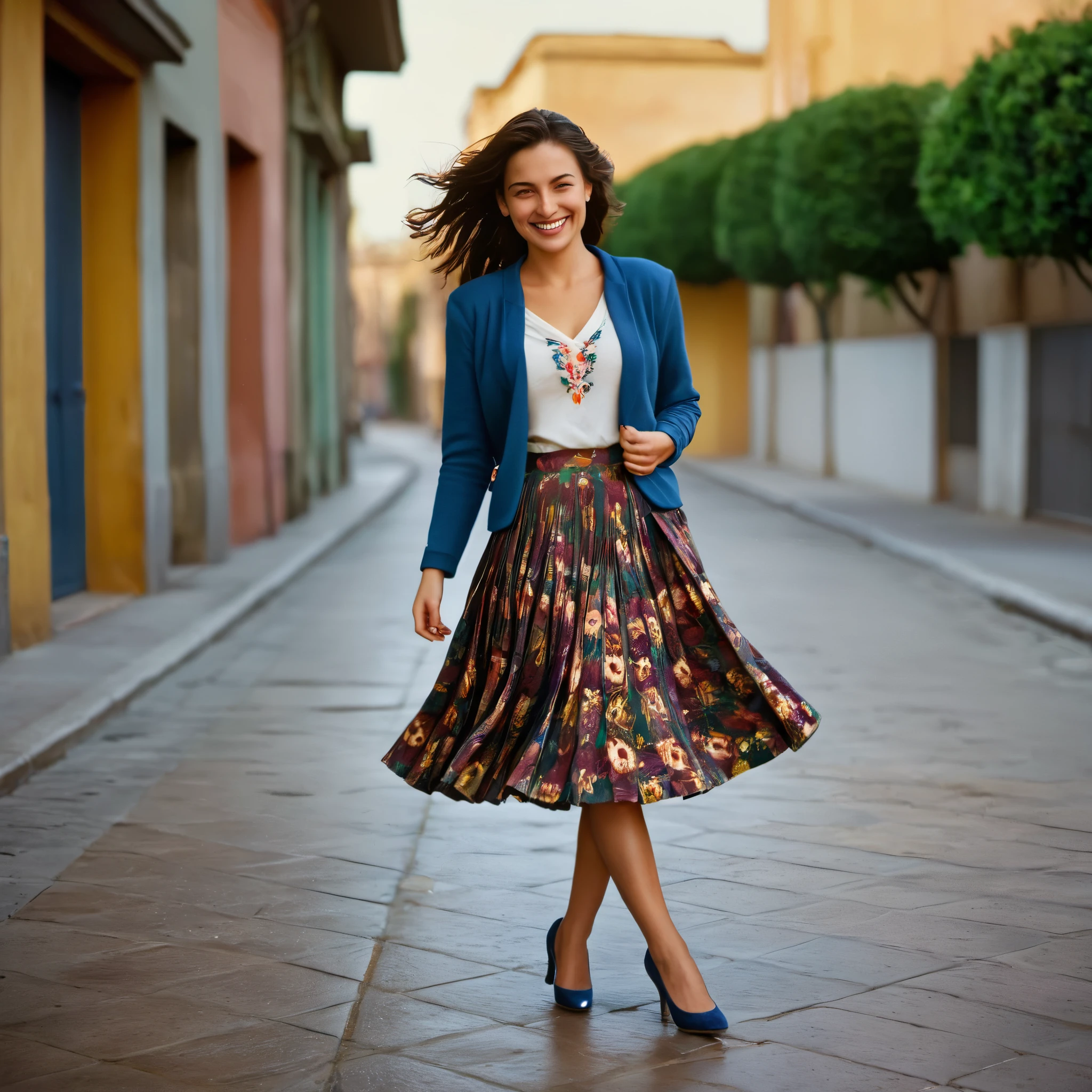 A smiling, authentic, (shy:1,3), kind, beautiful woman, is passionately in love with her skirt, dancing while wind lifts her skirt, wearing short blazer and very, very detailed (long (fully pleated) full circle skirt) and (low heeled court shoes), very, very intricate hyper-detailed symmetric (attractive graceful young feminine face) with (sad, tired eyes and a loving smile), very voluptuous breasts, full of empathy and compassion and love, (pronounced (feminine) features), (highly detailed ultra accurate realistic) hands and fingers, (windy), epic composition, highly detailed attributes, (35mm f1.4 Kodak portra 400 photograph), extremely high quality RAW photograph, highly detailed atmosphere, cinematic shot, dynamic lighting, 75mm, Technicolor, Panavision, cinemascope, sharp focus, fine details, 8k, HDR, realism, realistic, key visual, film still, superb cinematic color grading, depth of field