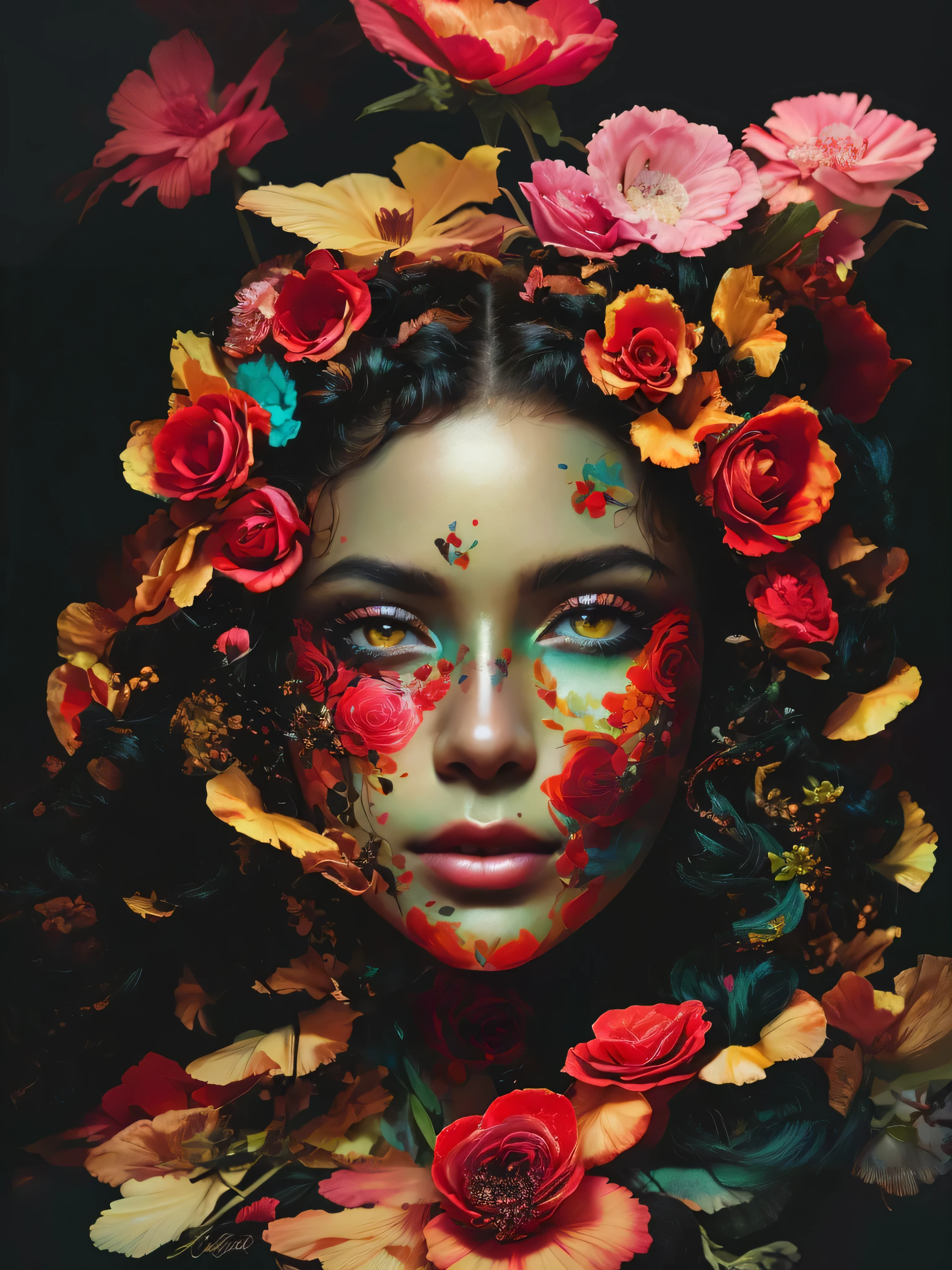 um close de uma mulher com flores no cabelo, inspired por Alberto Seveso, Belo retrato surreal,  com cara de flor, bela arte uhd 4k, linda arte digital, cheerful woman made of petals, por Alberto Seveso, Artistic Portrait Photography 8k, mulher em flores, lindo retrato de rosto, aesthetic portrait, retrato feminino com flores