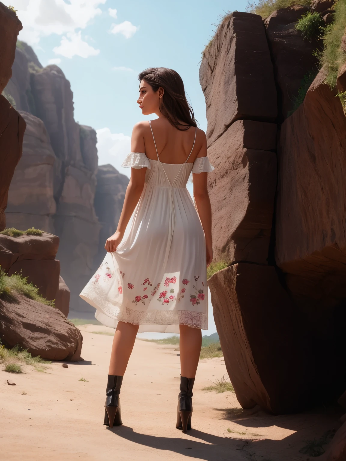 From back, full body shot. A stunning European woman, 23 years old. Shoulder level brunette hair.Black leather jacket, BREAK long loose white summer dress with floral patterns. High heels short boots. BREAK she walks, lost in an alien landscape. Dramatic cinematic lighting. Masterpiece, UHD. Neoretro starwarspunk