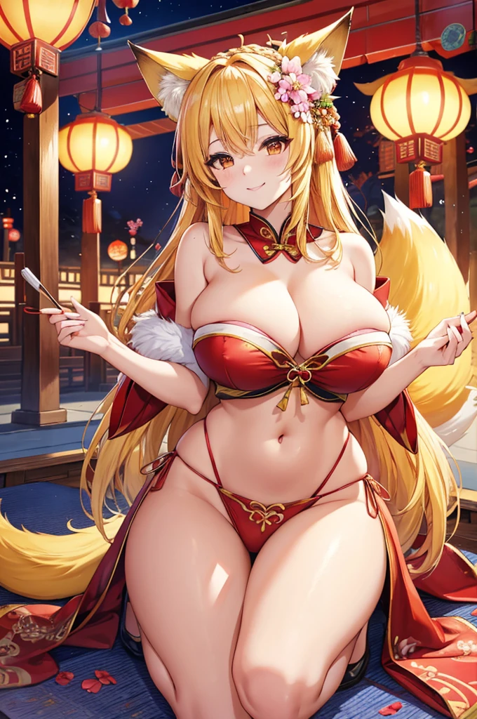A portrait of a radiant adult 9 tails fox girl with a warm smile directed at the viewer,She is grasping a placard, which bears the inscription 'Kitsune Are Sexy', the background features a vibrant Chinese New Year celebration, lanterns, fireworks, traditional decorations, beautiful scenery, Breasts enlarged, elegant mature woman, large hips, big breast, Ahri, blonde hair, braid, flower on head, animal ears, fox ears, kemonomimi mode, super detail, high quality, highres, masterpiece