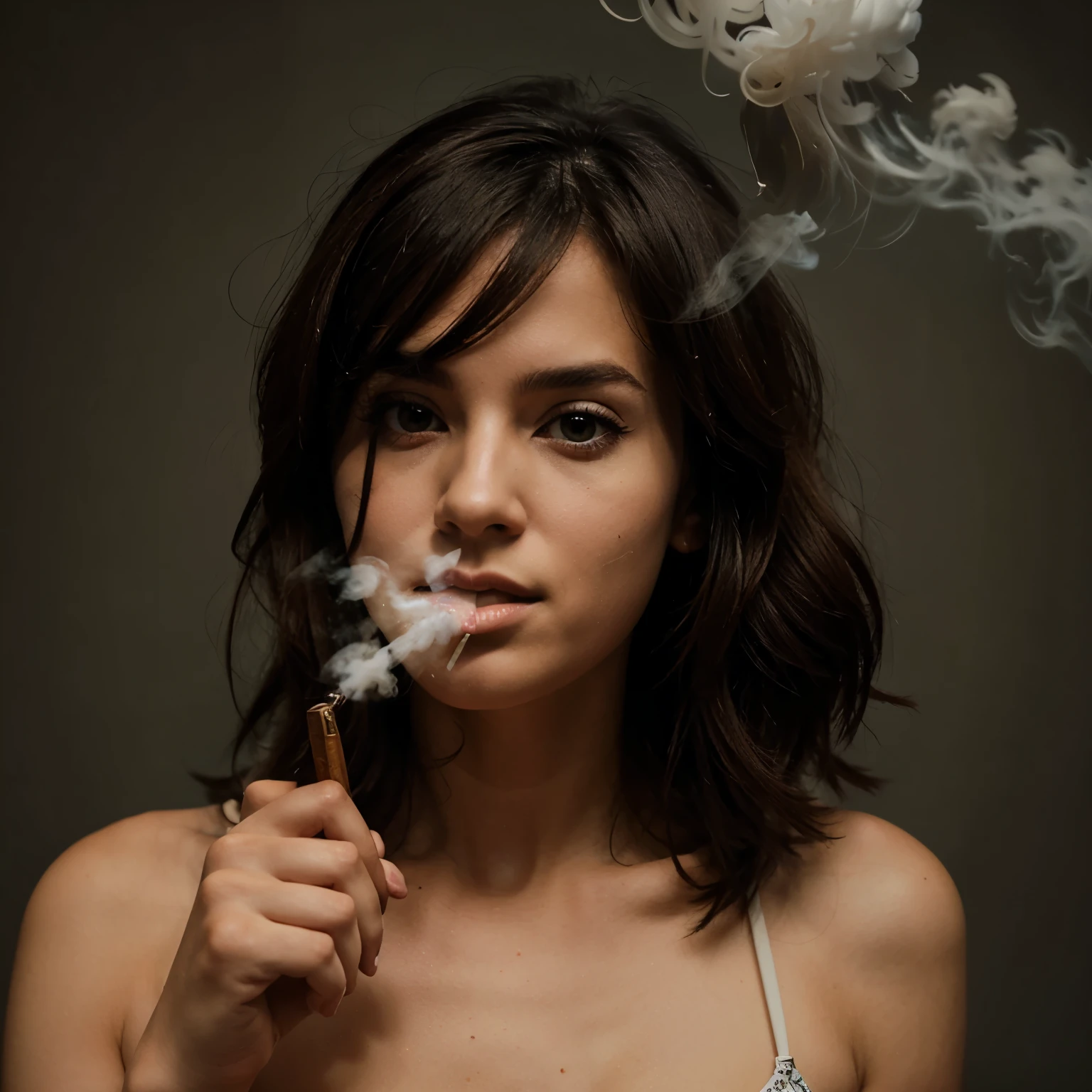 a very skinny girl smoking cigarettes very fast, sucking extremely hard on cigarette, the cigarette ash is growing very long, very skinny, massive breasts, pain, lying on the bed, teen, in high school, smoke in mouth, deep inhale, lots of cigarette ash, ash everywhere, agony and fear, intense drag, cheek hollowing drag, deeply inhaling smoke, nose exhale, smoke coming out of nose