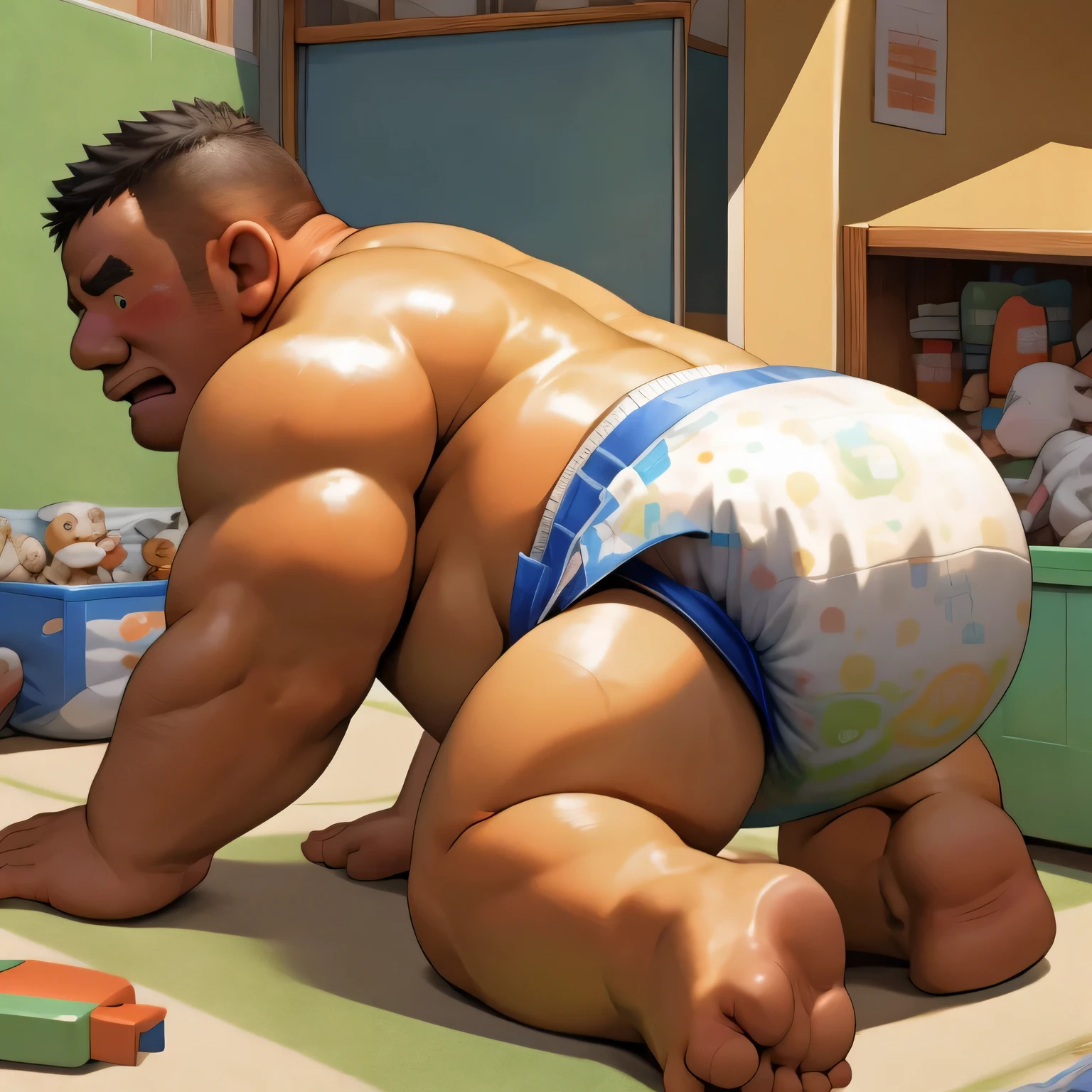 masterpiece, Top quality, in 32K, perfect anatomy, hyper detailed, super fine illustration, The thick man is a brutal prisoner, retarded, hairy human, 50yo in Japan, (fatness: 1.0), Fatty muscle, Bowleg, disappointment, incontinent, be diaper check by children, waddle, There is a small puddle under him, incontinent, Naked, short legs, Bowleg, spread legs, wear a White cloth Diaper, Bare belly, Bare legs, Bare foots, Bare soles, Shirtless, wide forehead and short thinning hair, Man with round face with stubble, Bare foots, Bare soles, shy, sissy, Weaker than children, Drool, Round face, steams, Solo, He enters nursery school and is despised by children, He surrounded by children, His bottom is wet, Bare foots, big butt, he is scolded by the children, White Diaper, He surrounded by children, sobbing, wear a White cloth Diaper, shirtless, There is a small puddle under him, He enters nursery school and is despised by children, big butt, sobbing, He crawling to go to children, on all fours, side view