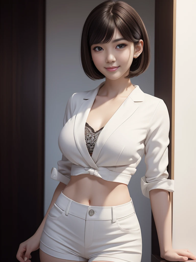 (masterpiece),(photorealistic:1.3),hyperrealism,high chroma,(8k,UHD,ultra-detailed:1.2),highest quality,(realistic:1.2),realistic lighting,realistic shadows,1 pretty Japanese girl,pale skin,shiny skin,(beautiful detailed face),(round face),black eyes,dark brown hair,(middle short hair),bangs,floating hair,head tilt,smile,looking at viewer,((white wear)),(large chest,seni grandi:1.3),(),narrow waist,navel,thick thigh,