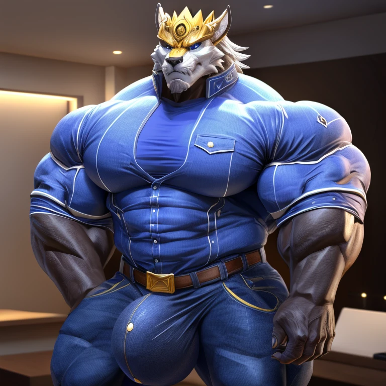 solo, male, wolf , scales, detailed face, detailed eyes, hyper muscles, hyper pecs, thick thighs, standing, plain background,jeans，indoor，shirt，（Huge bulge：1.3）king_tekken