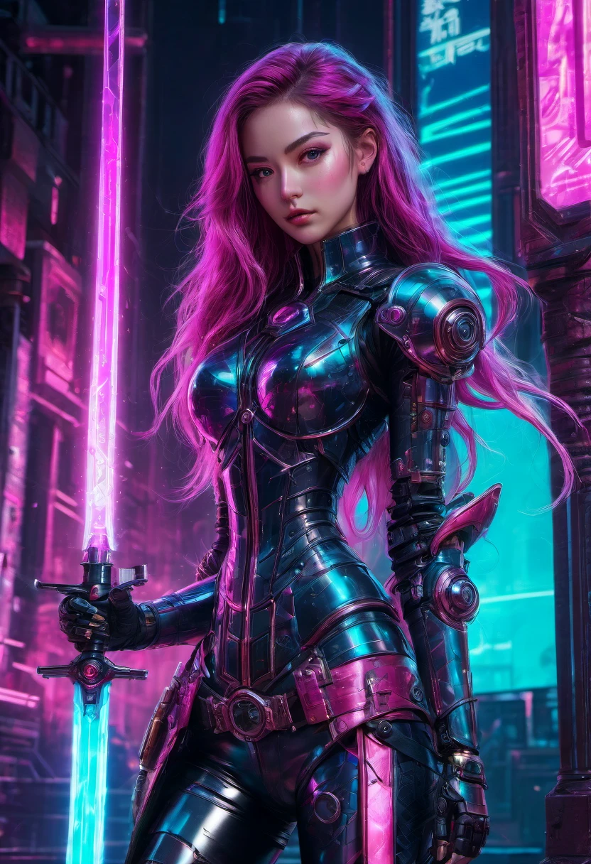 1girl, Swordsman, breathtaking In a robot-run, futuristic steampunk castle, a tech-armored swordsman wields a laser sword. This vibrant, cinematic blend of Renaissance and Cyberpunk styles is rich in color, detail, and sleek shadows. Keywords: cyberpunk, vaporwave, neon, crisp, stunning, magenta . award-winning, professional, highly detailed