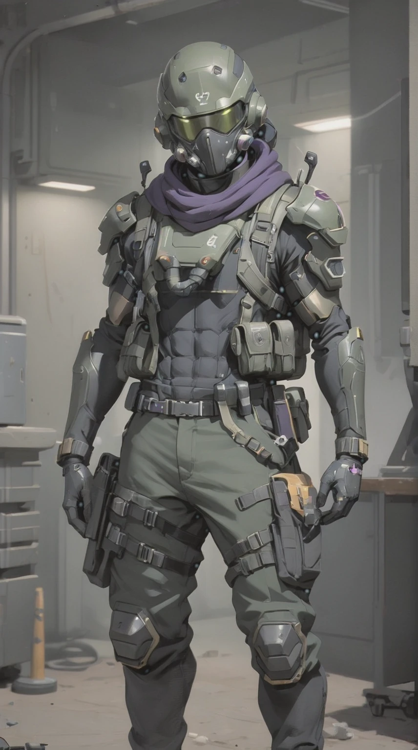 male soldier, snake style, sci-fi olive green helmet with purple visor, black scarf. black baggy pants. olive green shirt, tactical vest and shoulder pads. post acpoalyptic male survivor, soldier, the Enclave fallout