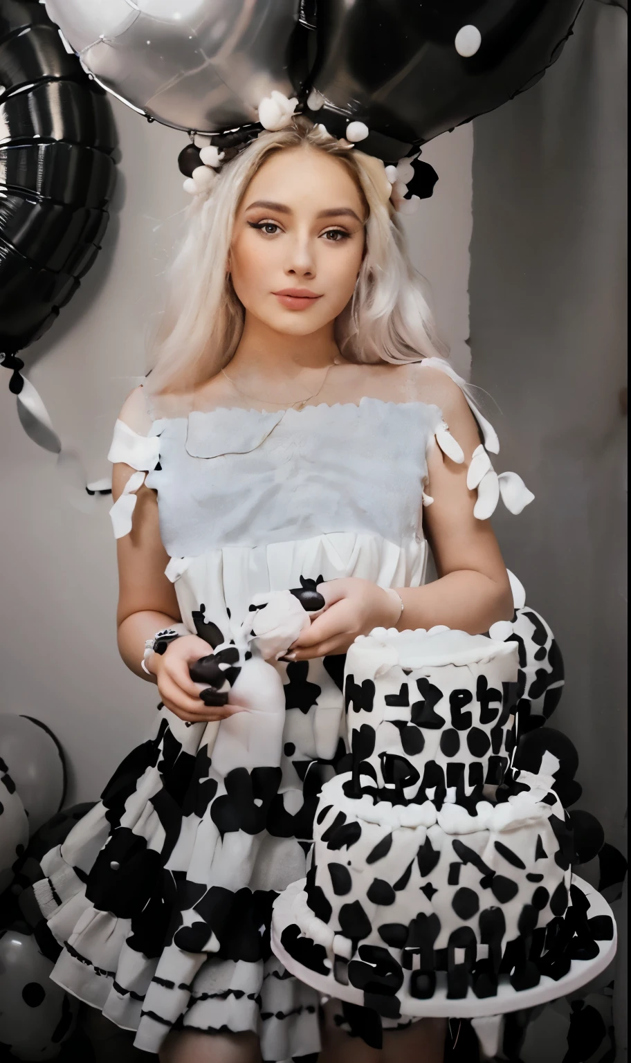 Birthday , (((a lot of balloons on the background black and white))), ((((cake in the hands of a girl)))),happy birthday, ((A white sundress))