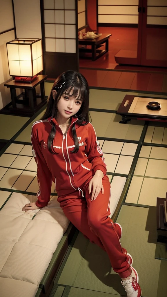 ((Structure from head to thighs:1.5)), ((Backwards:1.8, Butt facing the camera:1.8, Japanese-style room in a ryokan:1.8)), ((Red tracksuit:1.8)), (smile:1.5), Erect nipples, 1 girl, alone, 18-year-old, 7 Head to Body, Ideal body proportions, Black Hair, With bangs, Small breasts, thin, Round ass, Beautiful legs, thin脚, Surrealism, Cinema Lighting, Depth of written border, First Person View, 胸F/1.8, 135mm, Ticker, Pieces fly, Collect and organize, ((Anatomically correct:1.3)), Textured skin, Super Detail, Attention to detail, high quality, Awards, 最high quality, High resolution, 8k