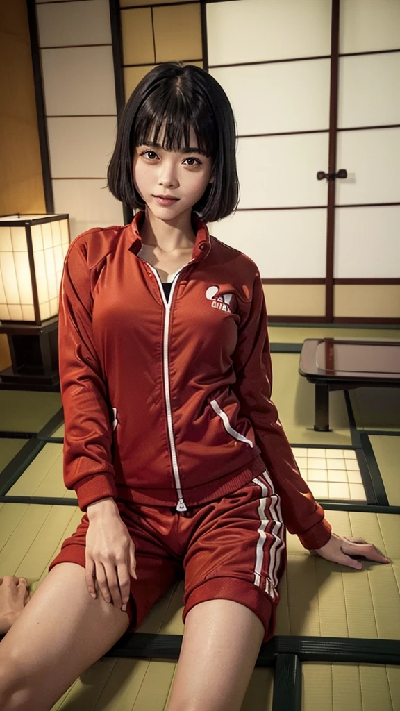 ((Structure from head to thighs:1.5)), ((Backwards:1.8, Butt facing the camera:1.8, Japanese-style room in a ryokan:1.8)), ((Red tracksuit:1.8)), (smile:1.5), Erect nipples, 1 girl, alone, 18-year-old, 7 Head to Body, Ideal body proportions, Black Hair, With bangs, Small breasts, thin, Round ass, Beautiful legs, thin脚, Surrealism, Cinema Lighting, Depth of written border, First Person View, 胸F/1.8, 135mm, Ticker, Pieces fly, Collect and organize, ((Anatomically correct:1.3)), Textured skin, Super Detail, Attention to detail, high quality, Awards, 最high quality, High resolution, 8k