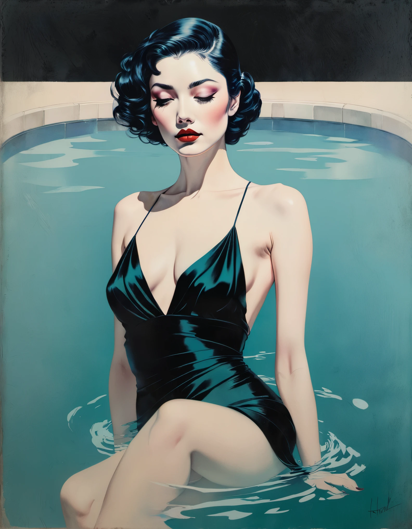 chiaroscuro technique on sensual illustration of an elegant woman, vintage ,silky eerie, matte painting, by Hannah Dale, by Harumi Hironaka, extremely soft colors, vibrant, pastel, highly detailed, digital artwork, high contrast, dramatic, refined, tonal, minimal ratio, swimming pool texture