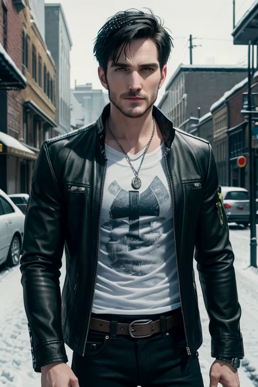 Colin O'Donoghue 30-year-old boy with open black jacket, blue t-shirt with snow print, short black hair, punk style, yellow locks, black jeans, green eyes, black leather belt, silver buckle, slim muscular build, cross medallion, silver bracelet, looking straight at the viewer