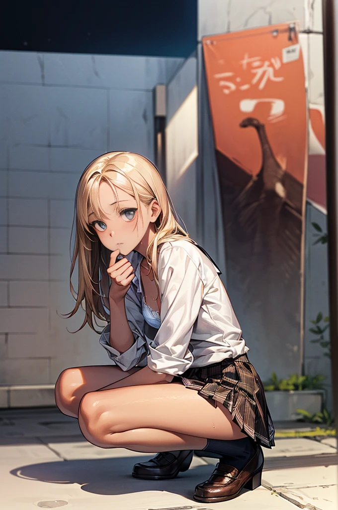 (((night,真night中))),((Dark atmosphere)),((Perfect Anatomy:1.2,Realistic:1.3,Raw photo:1.3,masterpiece、highest quality、Ultra - High resolution、High resolution、Extremely detailed CG、8k)),((attractive way to sit)),((((Crouching pose)))),1 female,alone,18-year-old、High school girl beautiful girl,Japanese,((Beautiful and exquisite face and eyes:1.2,Big beautiful eyes:1.0,)),(Brighten your eyes),((Beautiful woman))、Blonde,Long Hair,(Center parted hair:1.4,amount),Medium chest,((slim body)),Small Head:1.3,skinny,(Brown Skin:1.8),(Oily skin,Glowing Skin,Shiny skin,Sweat:1.2),(((school uniform、Dark blue blazer jacket、((White Shirt))、Checkered pleated mini skirt))),(prostitution),((show off bra:1.2)),Dirty back alley、Tokyo、((Turn your body forward)),(lonely),((Feeling melancholy))、Stick out your crotch、(Apathy),(Lucky)、((Expressionless))、(Feel the shadows)、I pretend to be calm, but I'm actually anxious