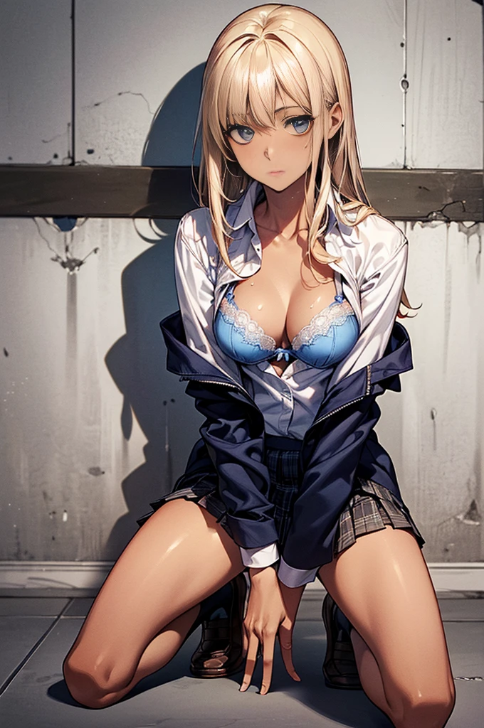 (((night,真night中))),((Dark atmosphere)),((Perfect Anatomy:1.2,Realistic:1.3,Raw photo:1.3,masterpiece、highest quality、Ultra - High resolution、High resolution、Extremely detailed CG、8k)),((attractive way to sit)),((((Crouching pose)))),1 female,alone,18-year-old、High school girl beautiful girl,Japanese,((Beautiful and exquisite face and eyes:1.2,Big beautiful eyes:1.0,)),(Brighten your eyes),((Beautiful woman))、Blonde,Long Hair,(Center parted hair:1.4,amount),Medium chest,((slim body)),Small Head:1.3,skinny,(Brown Skin:1.8),(Oily skin,Glowing Skin,Shiny skin,Sweat:1.2),(((school uniform、Dark blue blazer jacket、((White Shirt))、Checkered pleated mini skirt))),(prostitution),((show off bra:1.2)),Dirty back alley、Tokyo、((Turn your body forward)),(lonely),((Feeling melancholy))、Stick out your crotch、(Apathy),(Lucky)、((Expressionless))、(Feel the shadows)、I pretend to be calm, but I'm actually anxious