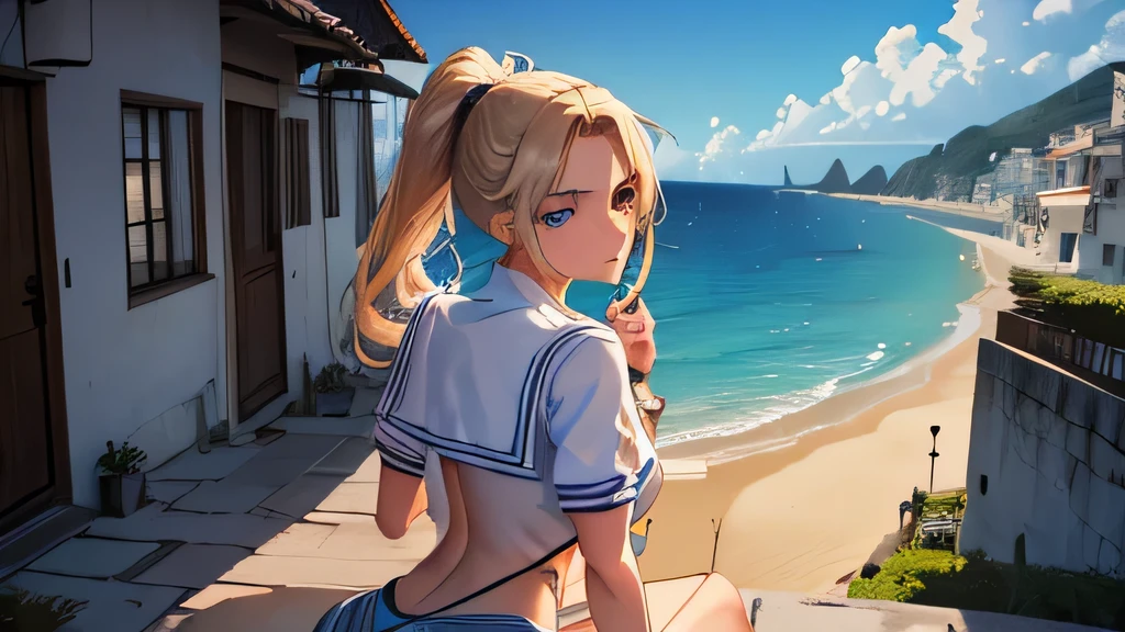 (8k, RAW foto, mejor calidad, (Obra maestra, super high quality, super detailed), anime style paisaje, chica joven, Absoluto, velas escarlatas, girl looking at the sea from the coast, camera looking at the sea, detalles intrincados, sailing ship with velas escarlatas, Una escena de una novela de Alexander Greene. "velas escarlatas" imagen de medio cuerpo, A beautiful women posing for a photograph in an alley, brown ponytail, golpes, risa feliz, blue eyes, Cuerpo magro musculoso, perfect anatomy, Looking to the camera, Time of the day, cielo azul, estilo animado, al aire libre, tendencia en artstation, Oh!, sakimichan muy sensual, con ropa original cuerpo entero, muy realista, extremadamente realista, extremadamente sexy, 8k, 8k extremadamente detallado), (un extremadamente delicado y hermoso), (obra maestra), (mejor calidad: 1.0), (ultra high resolution:1.0)