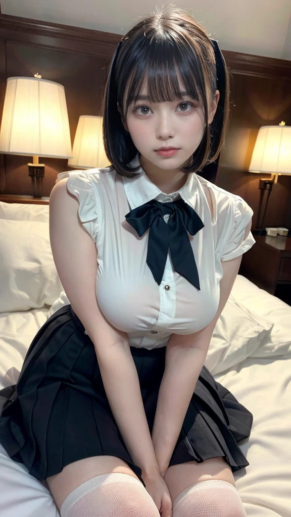 muste piece, best quality, illustration, Super detailed, fine details, High resolution, 8K,wall paper, perfect dynamic composition,(Details High quality, realistic depiction of eyes:1.3), (collared shirt:1.1), pleated skirt, knee high socks, Lying down, large breasts, short bob hair, black hair color, Big Natural Color Lip, bold sexy pose, (perfect body shape), crying a little、cold gaze, Harajuku style、20 year old girl、cute type、lolita、beautiful legs, hotel room, hposing Gravure Idol, Voluptuous thighs,(woman on top, straddling, sitting)