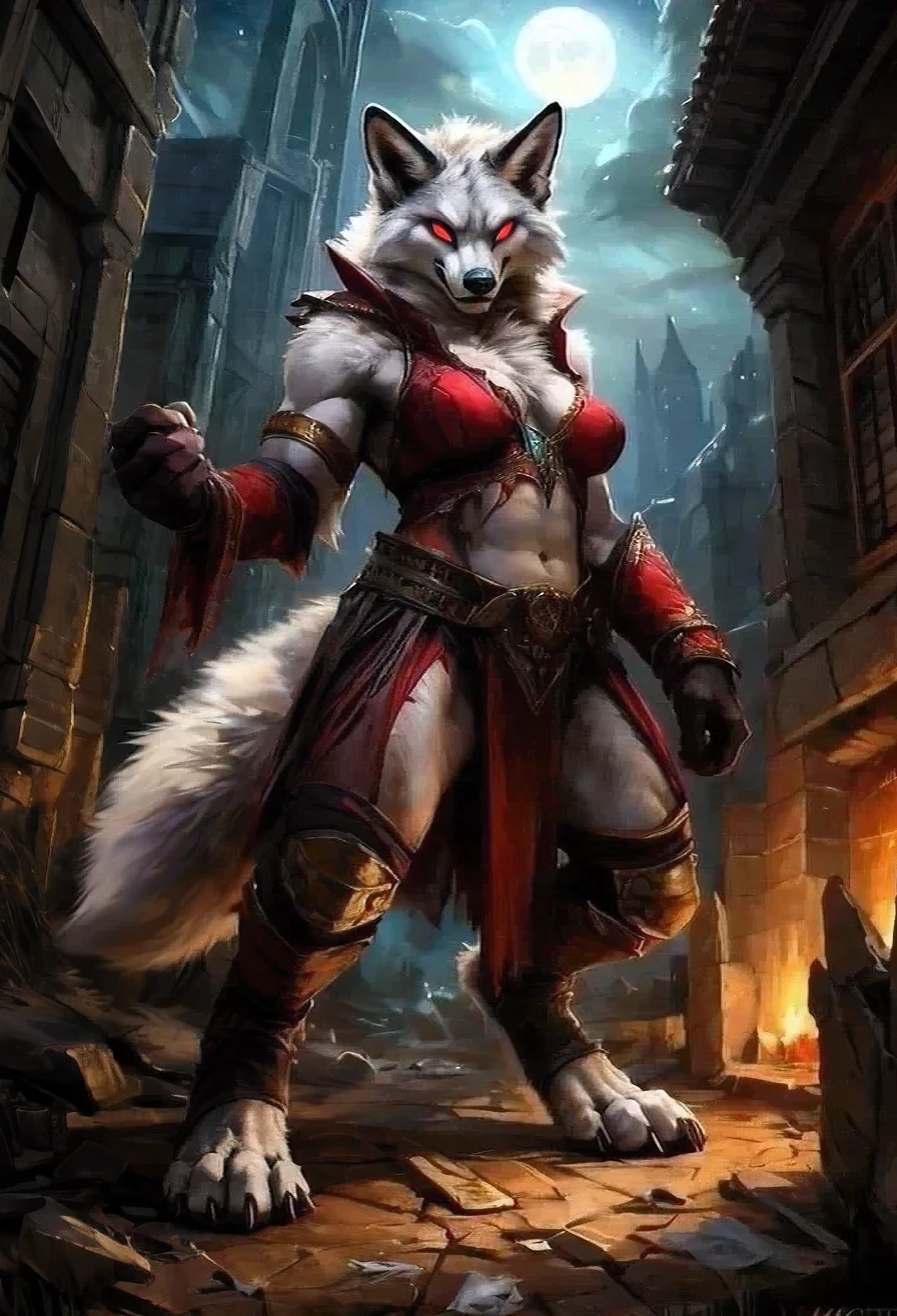 (glowing red eyes), (glowing eyes), mind control, no pupils, crazy eyes, anthro fox, furry female, white fox, (white fur), angry, dark night, dark wood, ruins, horror core, standing, looking at viewer, full body, (1 tail), crazy, angry, bloodthisty, demon, evil, (seductive), (charming), (abdomen), large breasts, muscular, massice biceps, wide waist, Broad shoulders, Strong thighs, solo, horror core, dark, female, tojo the thief, kenket, chunie, darkgem, anthro, ((detailed face)), (white fur), ((broken clothes)), dancer clothes, detailed realistic painting, night, (ultra detailed), detailed background, digitigrade, The very detailed, depth of field, unreal engine, (masterpiece), anatomically correct, expressive, epic setting,