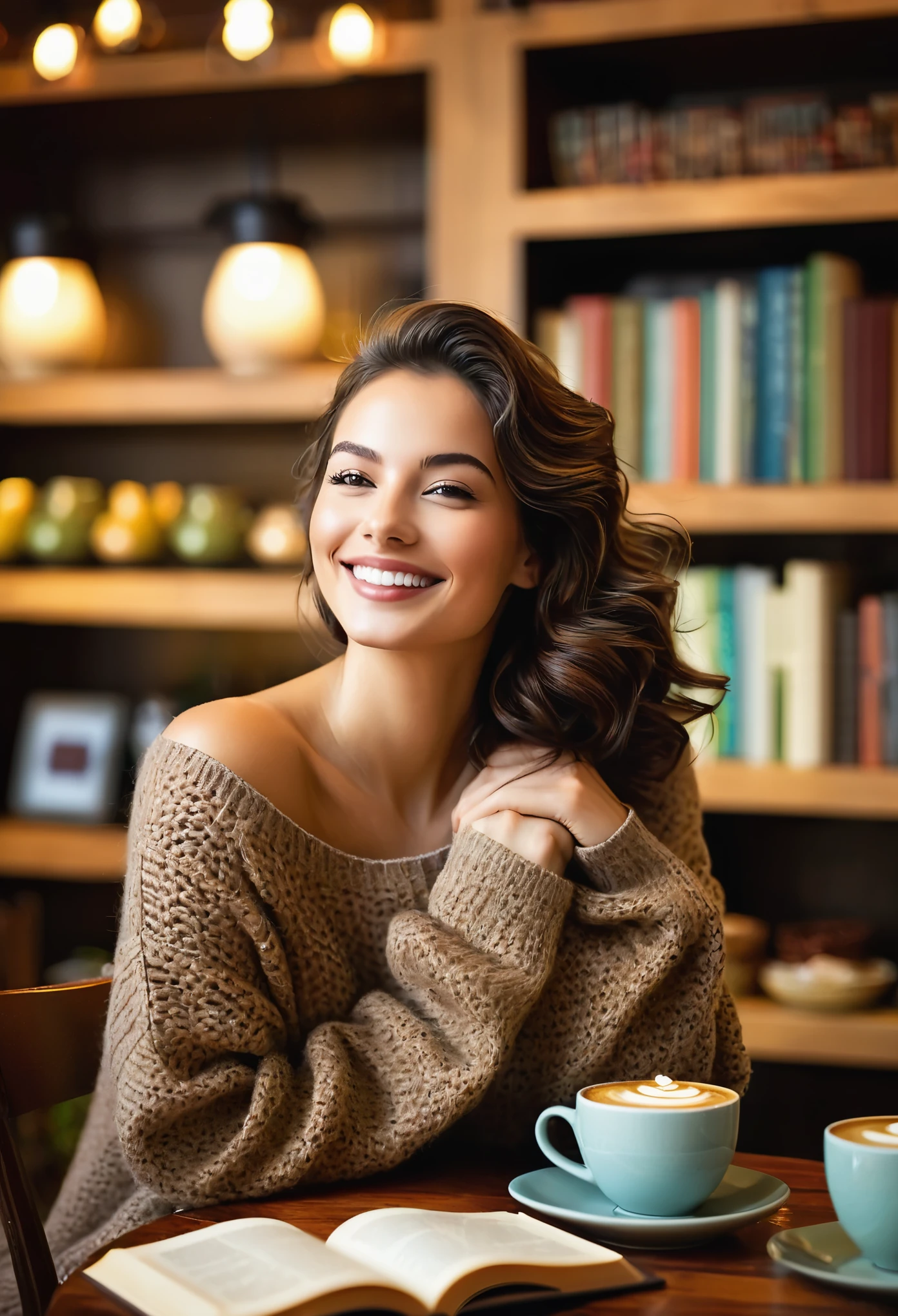 Capture the serene joy of a young woman post-favorite meal indulgence in an image. Her face radiates contentment, reflecting satisfaction and a subtle smile. She wears a cozy yet chic outfit - an oversized sweater paired with comfortable bottoms, embodying relaxed elegance. Set the scene in a warmly lit café or bistro with shelves of books or spices in the background, enhancing the intimate ambiance. The aroma of coffee or tea fills the air, adding to the tranquil atmosphere of culinary bliss and simple pleasures.