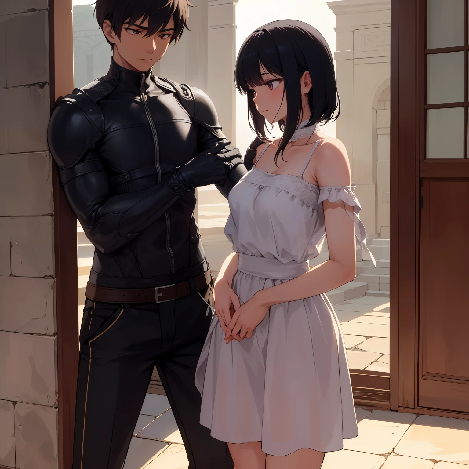 Chico with an open and friendly posture, radiating his eagerness for camaraderie and connection, while the girl maintains a more guarded and protective expression, her shield symbolizing her emotional barriers. The boy's curiosity piques, desiring to understand the depths of her thoughts, pero la chica remains hesitant to fully open up. Creating a captivating image, this scene encapsulates the intricacies of human connection and the delicate balance between vulnerability and protection.