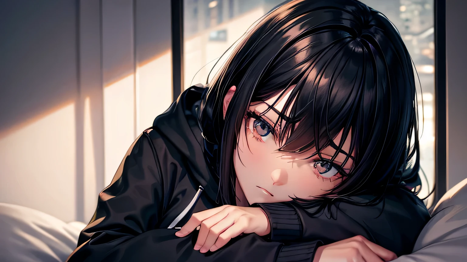 Anime girl with black hair and blue eyes laying on a bed - SeaArt AI