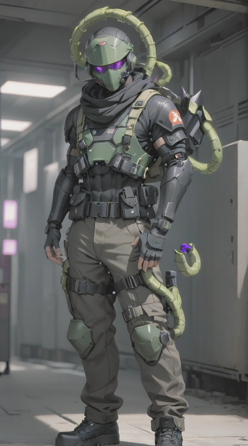 male soldier, snake style, sci-fi olive green helmet with purple visor, black scarf. black baggy pants. olive green shirt, tactical vest and shoulder pads. post acpoalyptic male survivor, soldier, Male soldier, tall, lean body, Toji body shape, broad shoulders, thin waist, sci-fi soldier