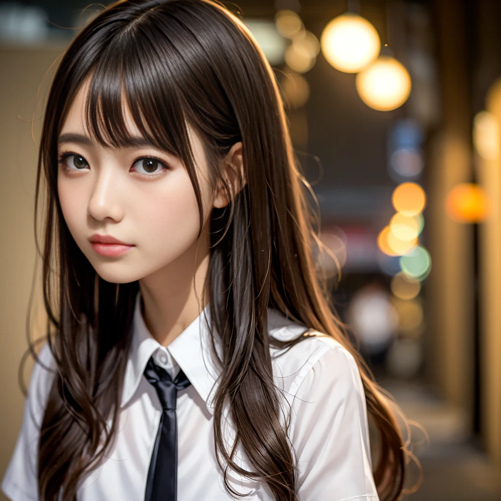 masterpiece, highest quality, 8k, 85mm Portrait, Absurd, beautiful girl, (night, Upper Body:1.5), cute, street, (school uniform, White shirt, Short sleeve, dark brown gray pleated skirt, dark gray tie:1.2), Long Hair, thin, neon, (Lianyungang City, He appreciates it, Yeongkwan:0.4), No makeup, (Dark red tie:1.2), perspective, Depth of written boundary, Ultra-realistic, High resolution, photograph, Sharp focus, High resolution, Face Light, Dynamic Lighting, Most detailed, Very detailed, Super detailed, In detail, Real Skin, Delicate facial features, Japanese women, Straight face, nice, clear, 16-year-old girl,