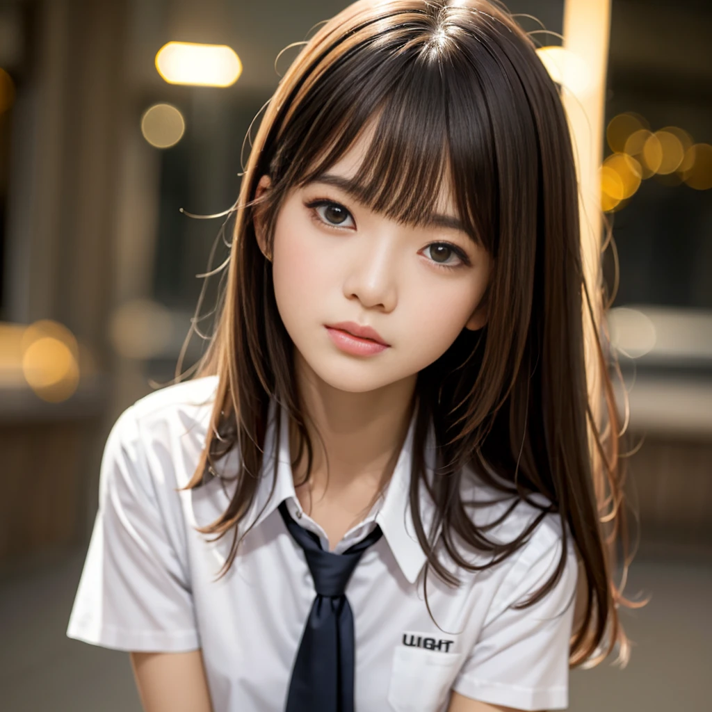 masterpiece, highest quality, 8k, 85mm Portrait, Absurd, beautiful girl, (night, Upper Body:1.5), cute, street, (school uniform, White shirt, Short sleeve, dark brown gray pleated skirt, dark gray tie:1.2), Long Hair, thin, neon, (Lianyungang City, He appreciates it, Yeongkwan:0.4), No makeup, (Dark red tie:1.2), perspective, Depth of written boundary, Ultra-realistic, High resolution, photograph, Sharp focus, High resolution, Face Light, Dynamic Lighting, Most detailed, Very detailed, Super detailed, In detail, Real Skin, Delicate facial features, Japanese women, Straight face, nice, clear, -yeld gi