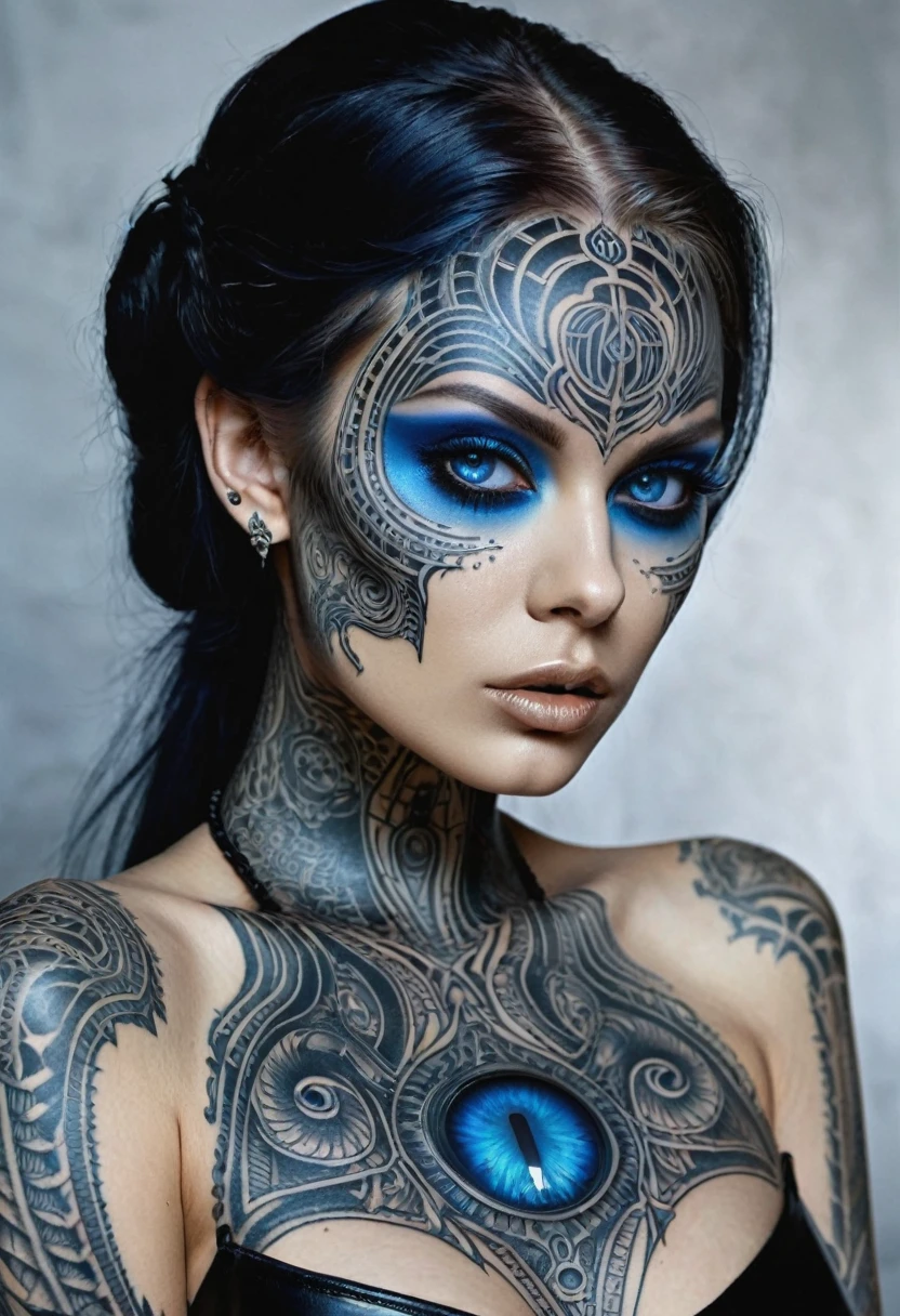 Hr giger tattooed sexy seductive dead girl,perfect face, hyper detailed sapphire eyes, full body view,