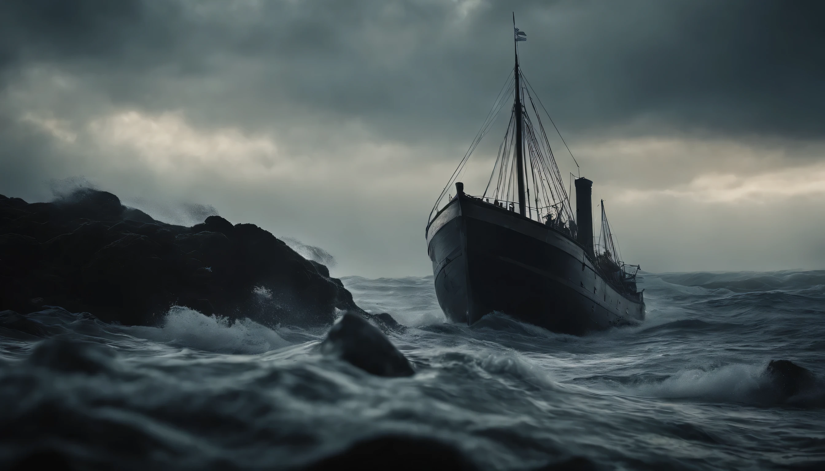 "Evoke the moment of the shipwreck, capturing the sudden chaos and the characters' desperate fight for survival amidst the unforgiving embrace of the ocean."
