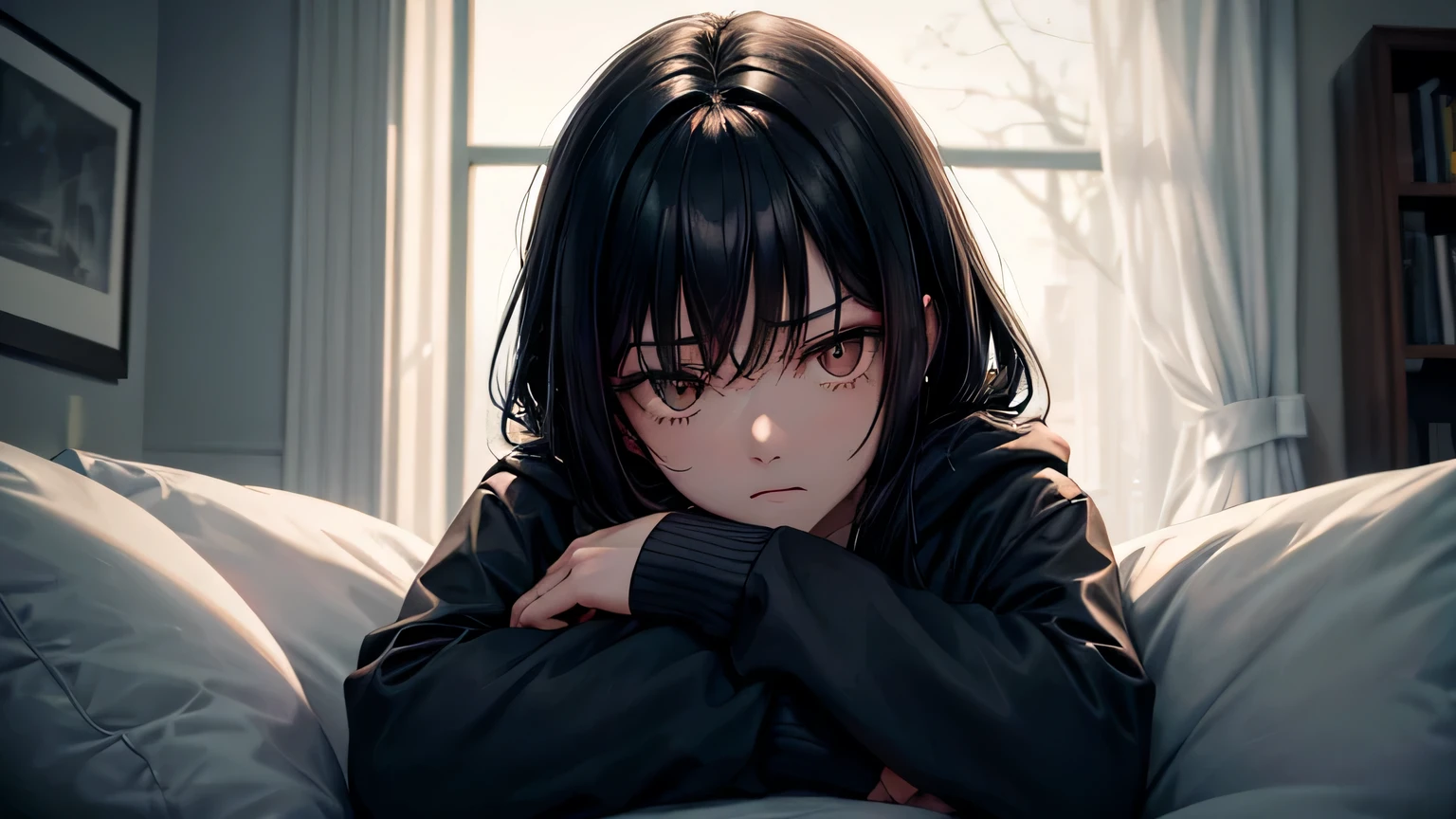 Night,
Outside the window, night,
Woman,
Black hair,
Very Very Short,
Only one person is depicted,
Oversized hoodie,
Sleepy expression,
Dimly lit room,
relaxing,
on the sofa,
Detailed facial expression,
detailed facial expression, detailed description of hair,
detailed body description,